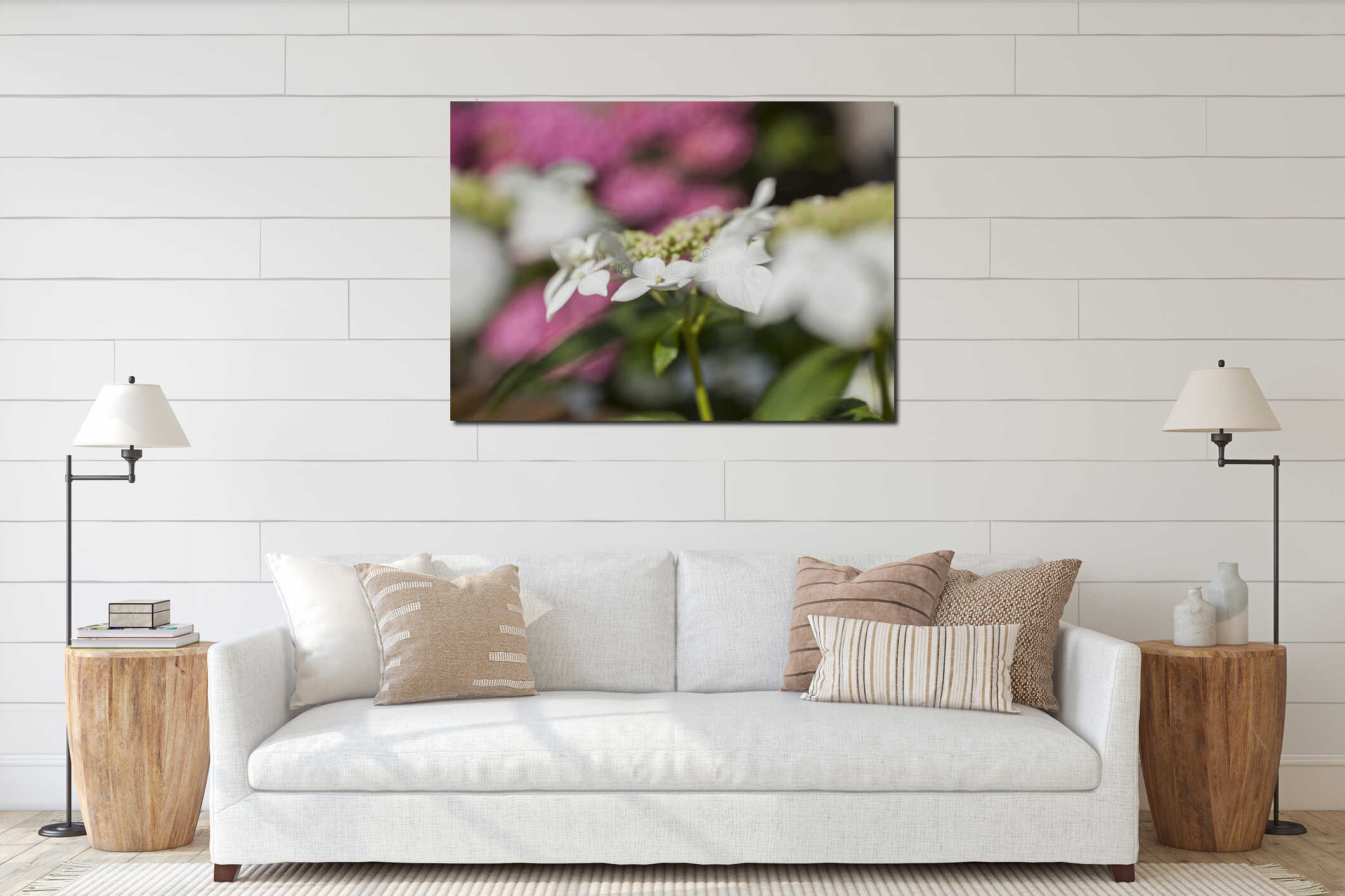 White and pink flowers - a sunny day, July in London. interior mockup