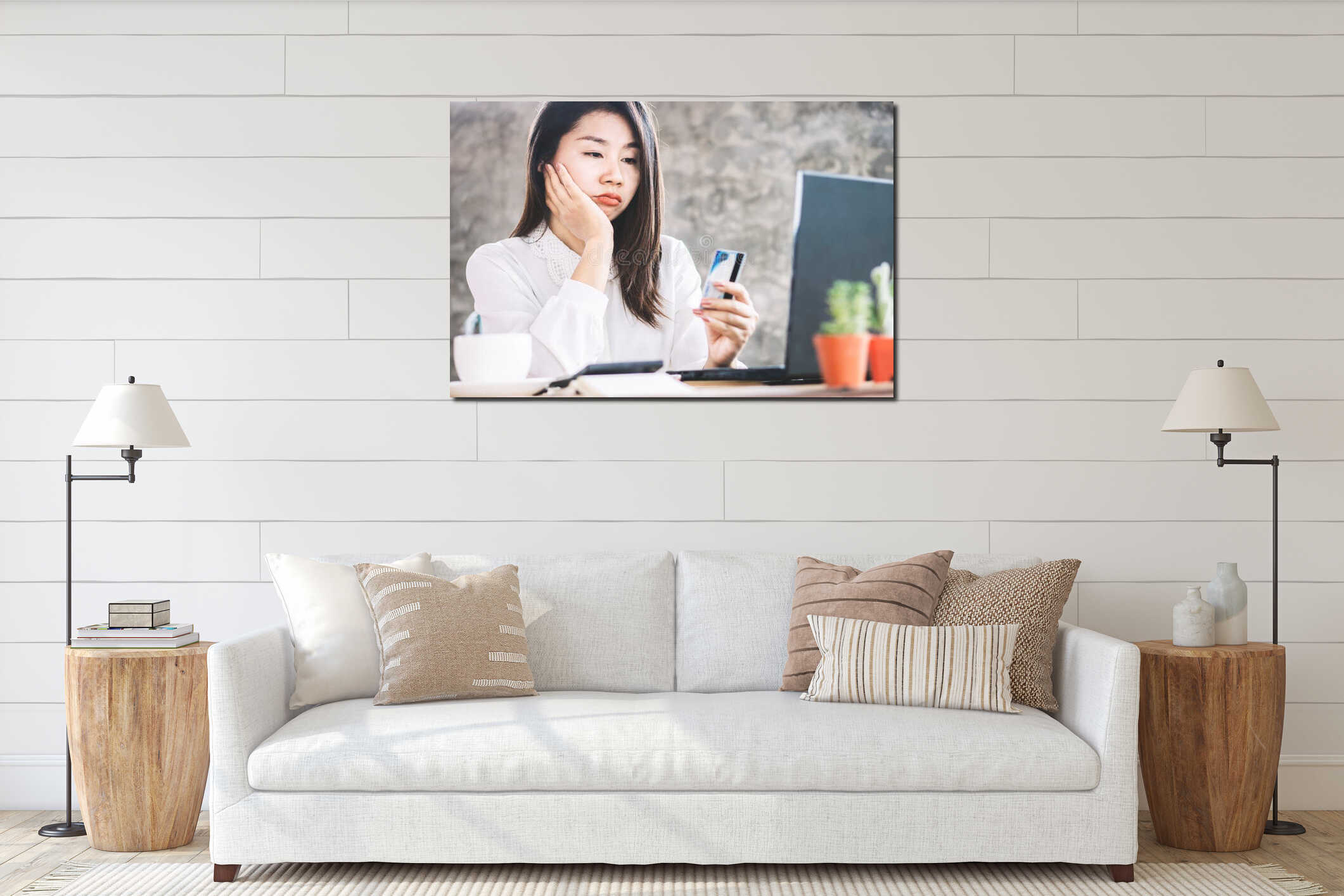 Sad Asian woman having problem with limit credit card for online shopping interior mockup