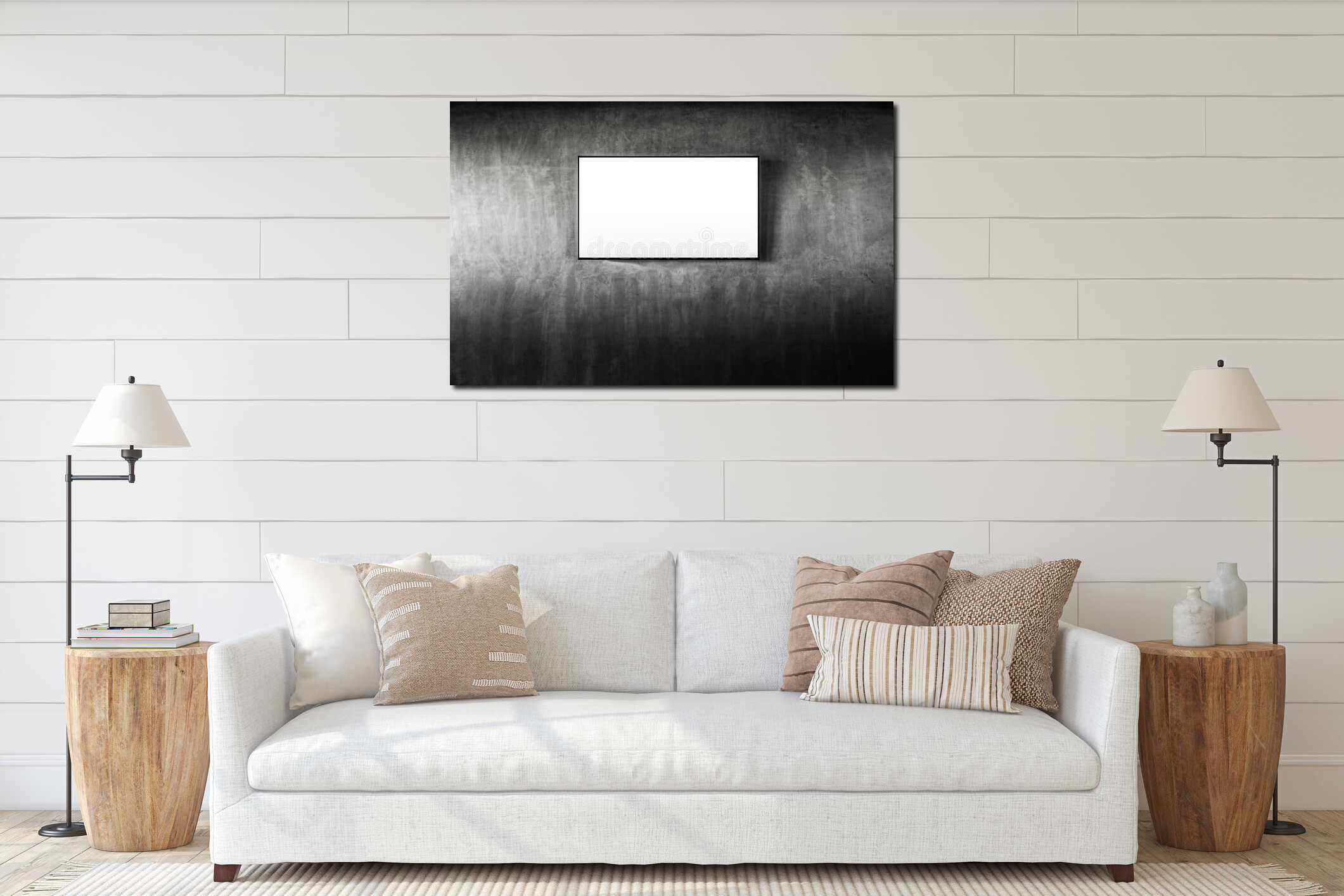 Black LED tv television mockup blank on gray concrete background. Living room led tv on concrete wall. Smart Tv mockup with blank interior mockup