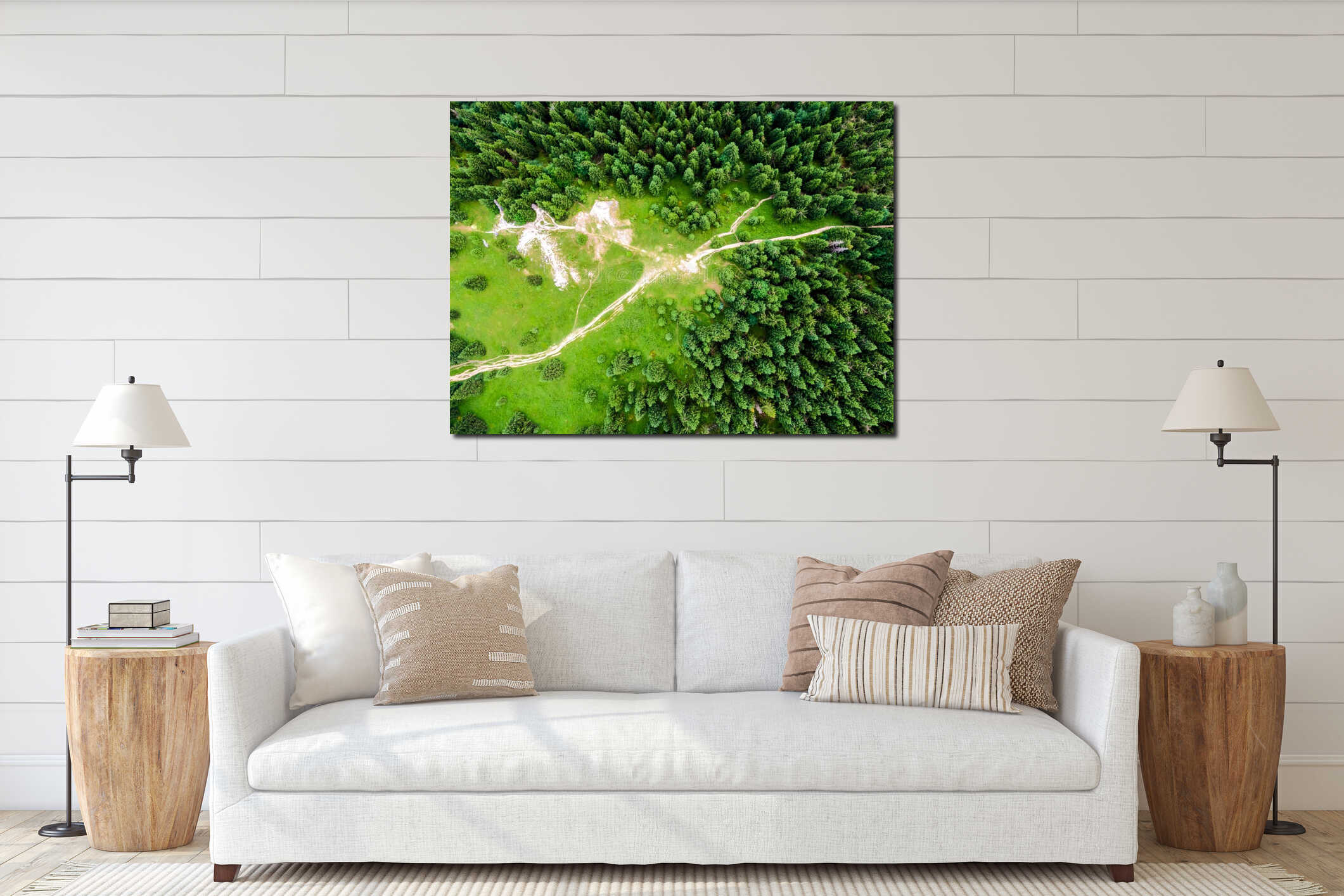 Aerial top down view to forest, trees and tourist paths in Slovakia national park Mala Fatra. Vibrant colors, fresh nature and interior mockup