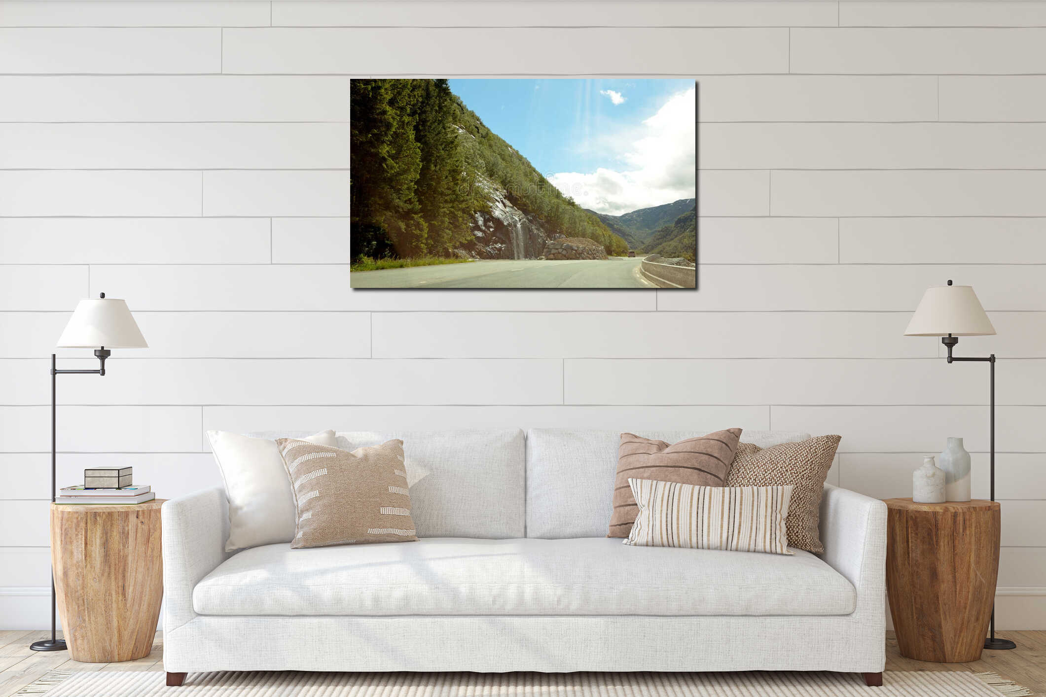 Norway landscape with mountains and waterfalls Seven Sisters at summertime. Norway nature and travel background. Camera hovers interior mockup
