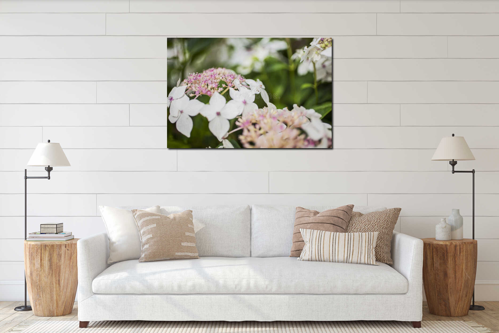 Sunny day in London, July 2019 - white flowers, green leaves. interior mockup