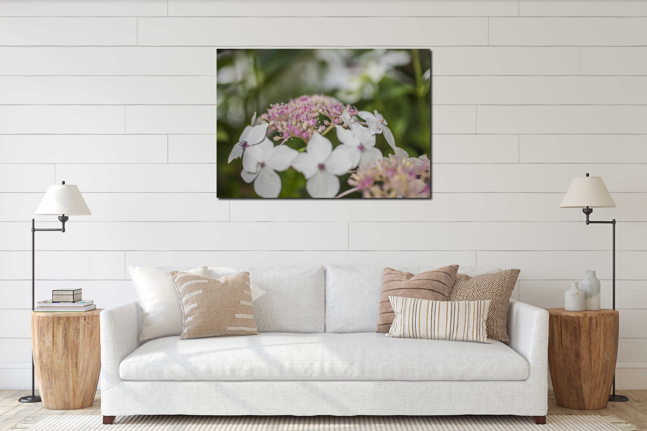 Sunny day in London, July 2019 - white and pink flowers, green leaves. interior mockup