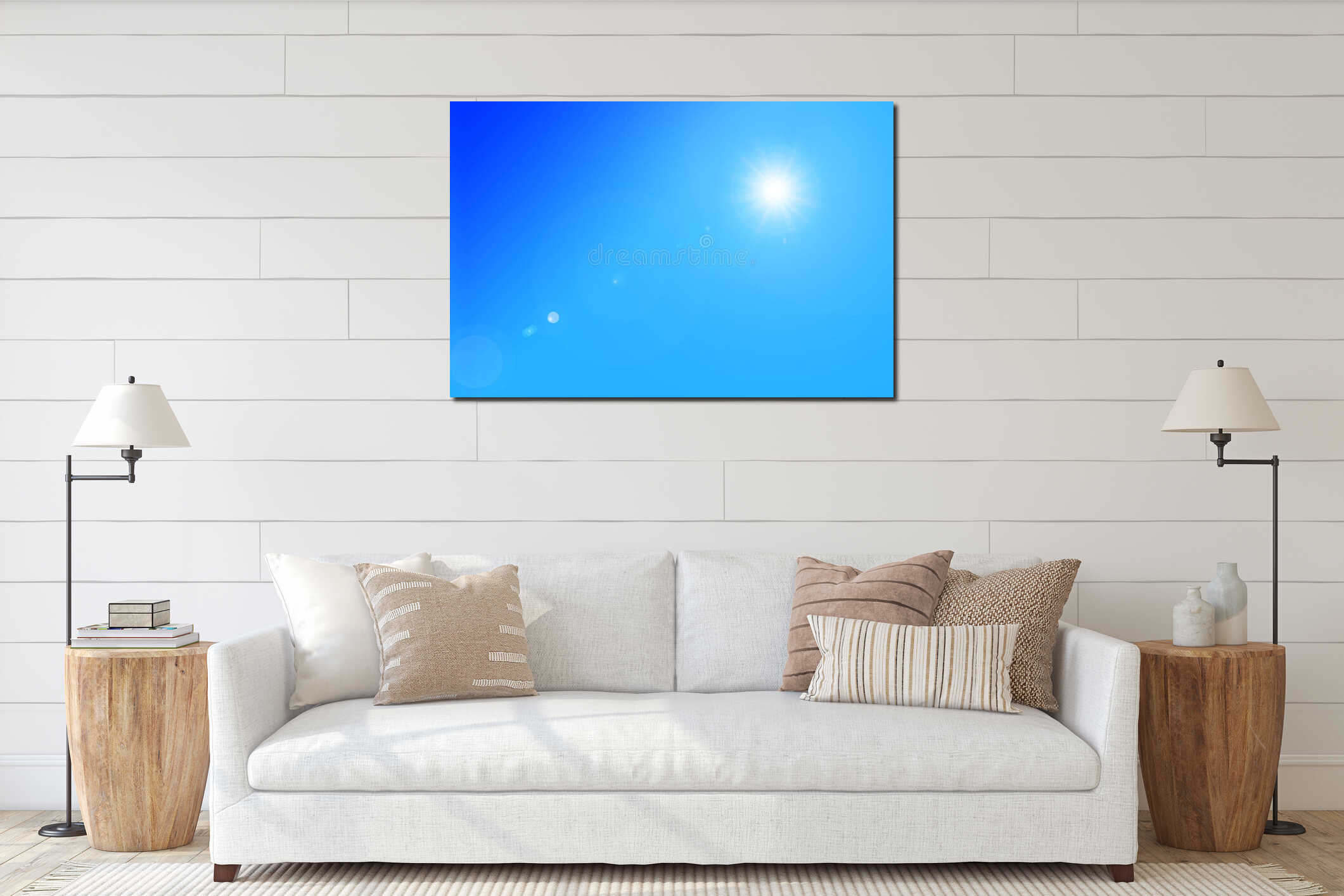 Bright Blue sky day with beautiful sun for background interior mockup