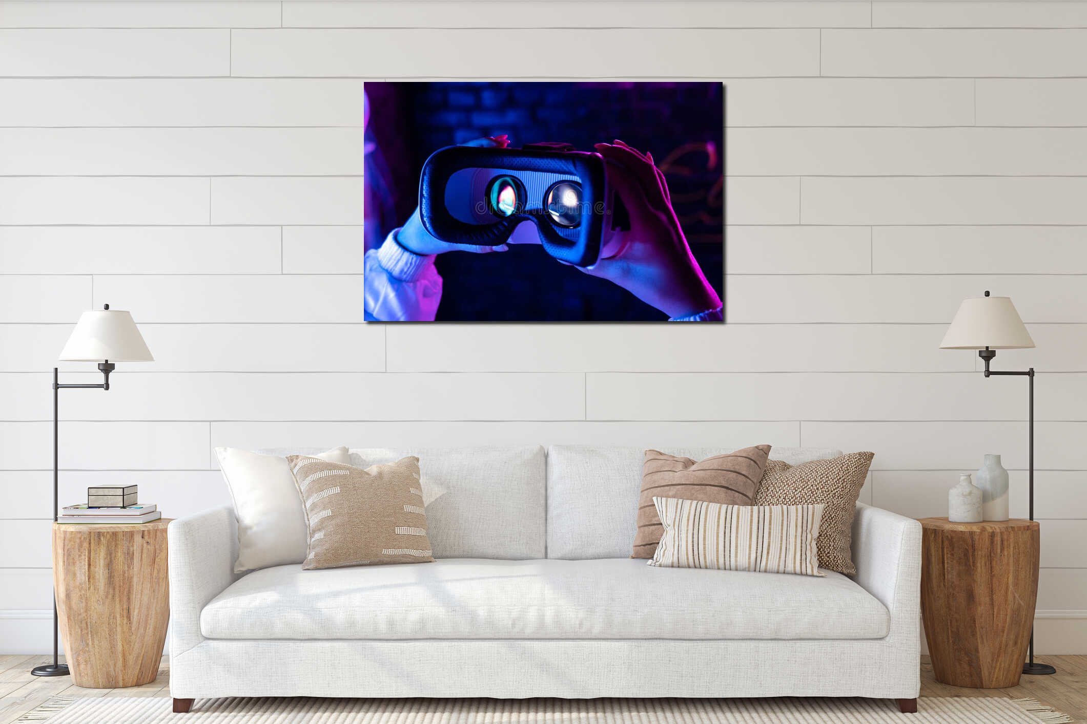 Female hands hold 3d 360 vr headset glasses in futuristic purple neon light interior mockup