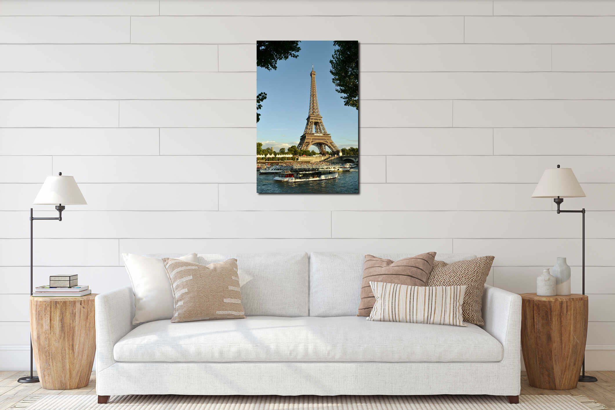 Eiffel Tower and river Seine intense cruise passenger ships traffic. interior mockup