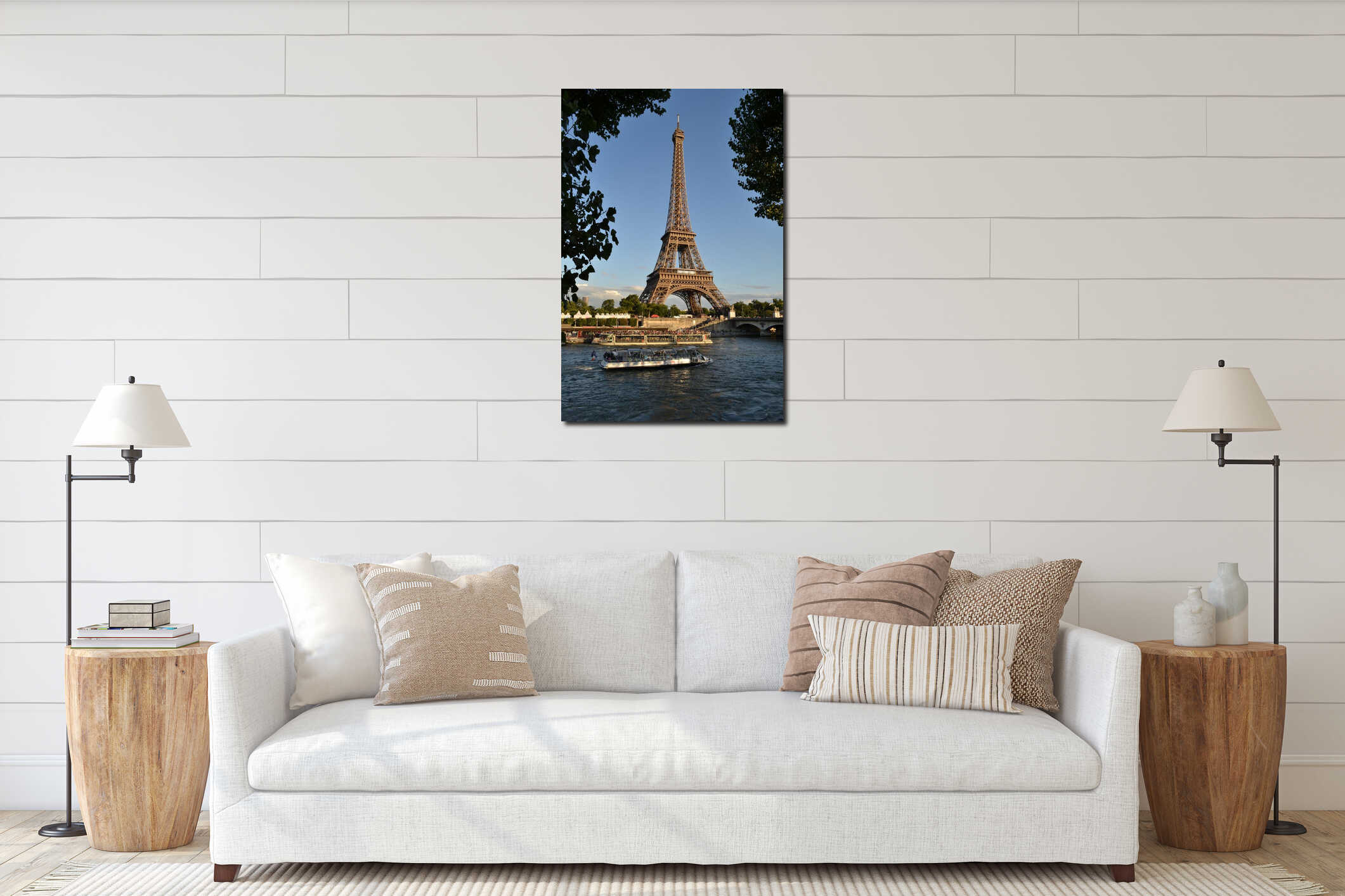 Eiffel Tower and river Seine intense cruise passenger ships traffic. interior mockup
