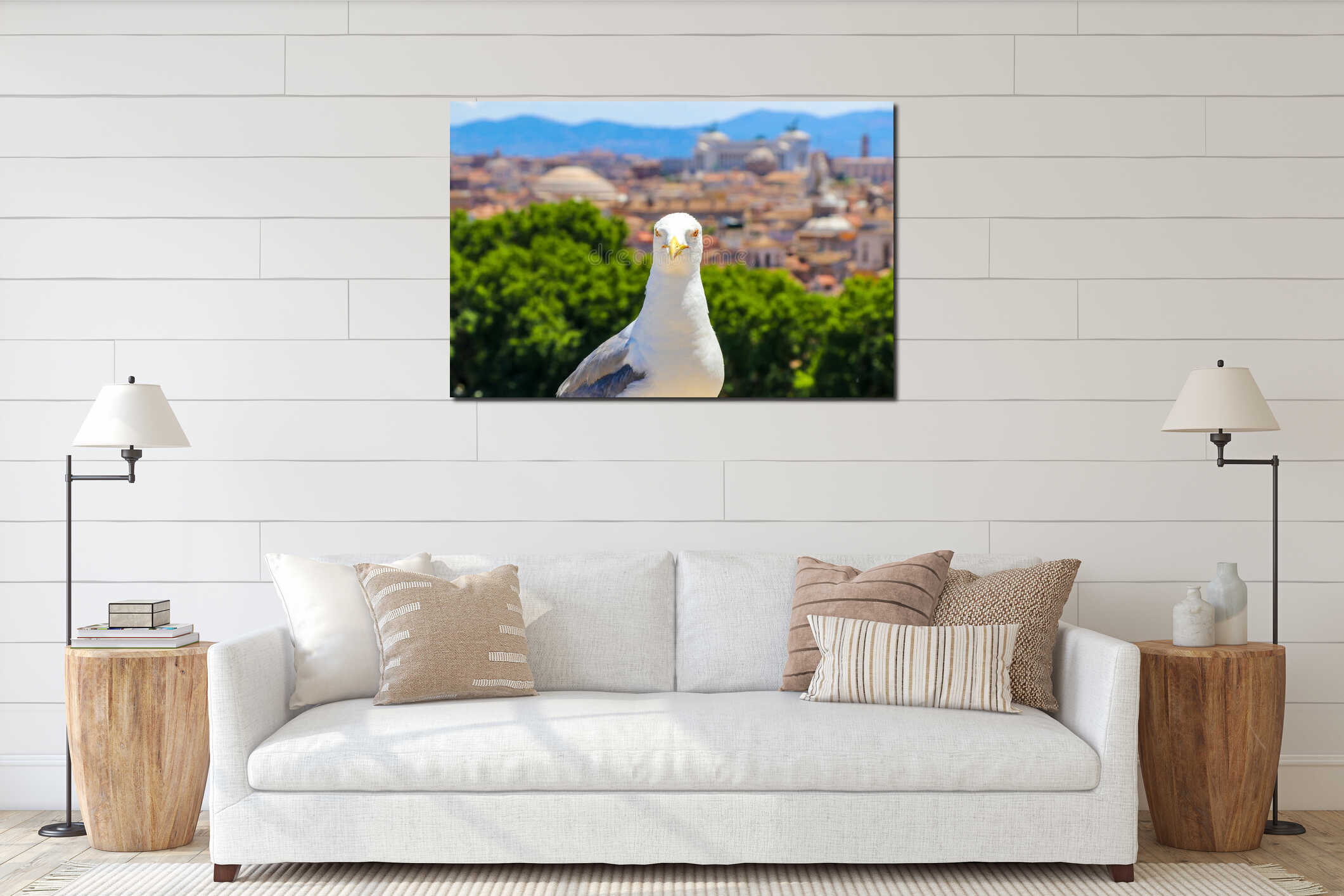 Rome skyline as seen from Castel Sant`Angelo with a Seagull in front interior mockup