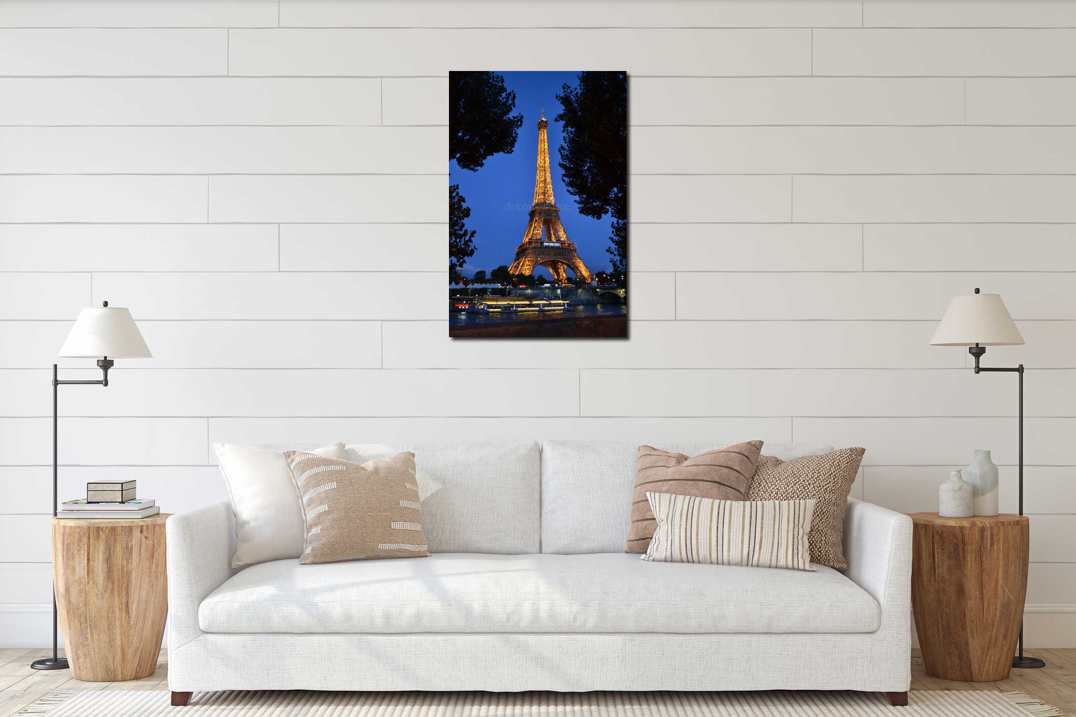 Eiffel Tower illuminated by night on blue sky. interior mockup