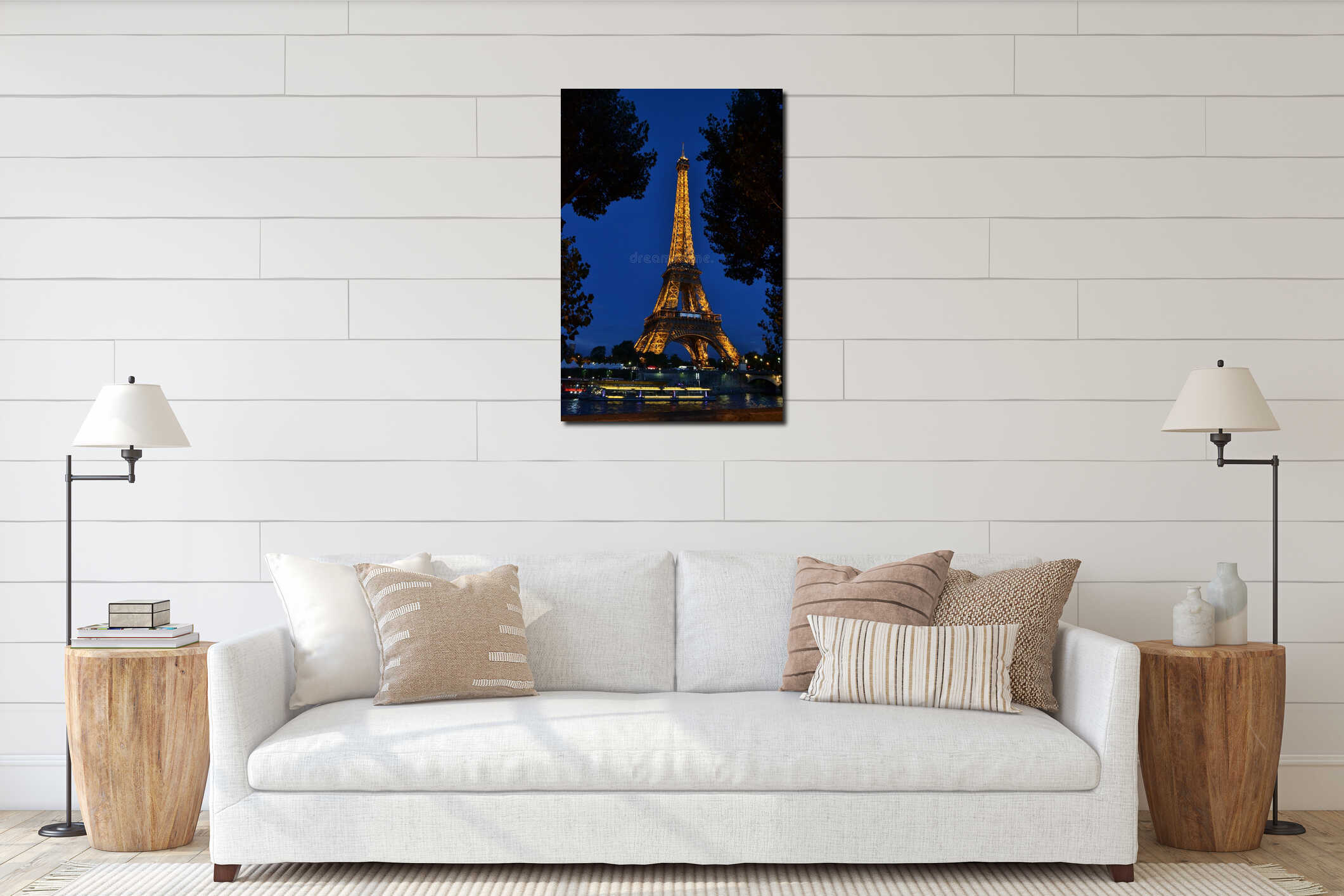 Eiffel Tower illuminated by night on blue sky. interior mockup