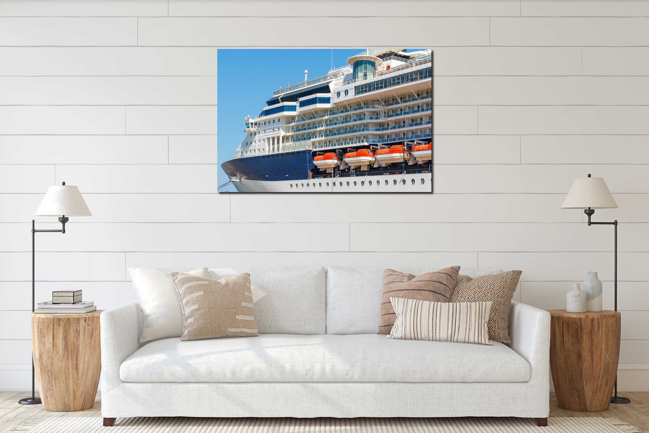 A large luxury cruise liner moored in the port of the Adriatic Sea, is waiting for passengers. There are four orange lifeboats interior mockup