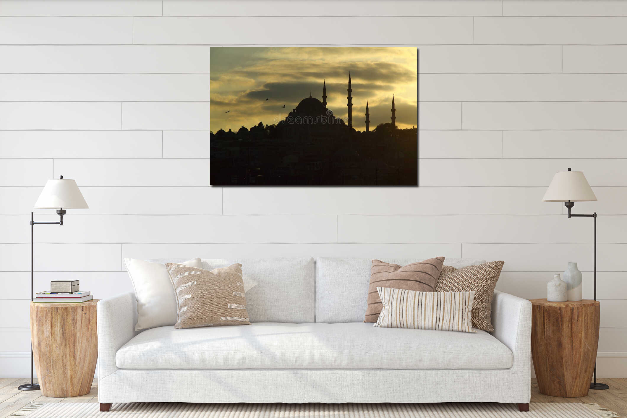 Silhouette of the old town - Sultanahmet mosques in setting sun in Istanbul Turkey. interior mockup