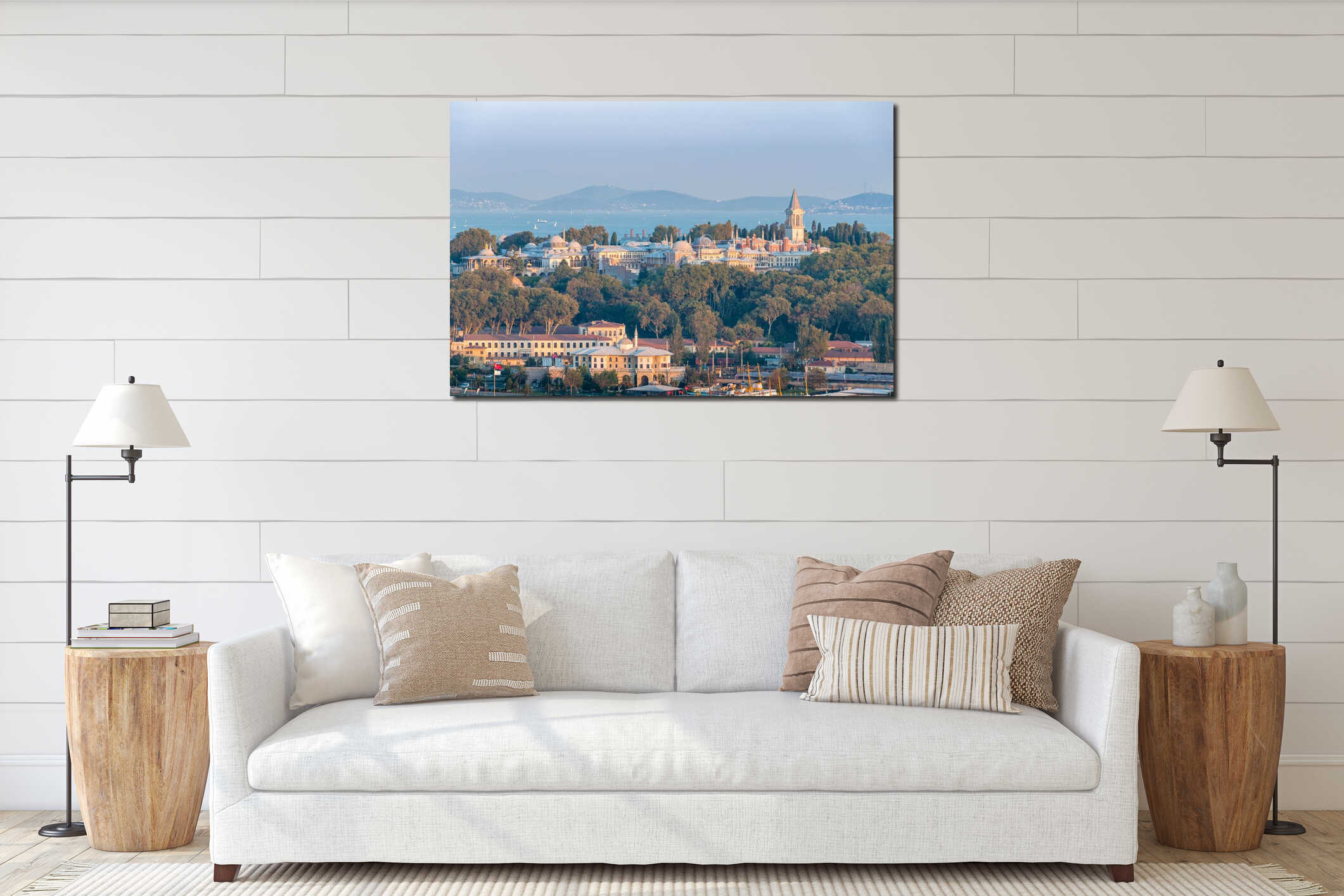 Istanbul cityscape with Bosporus, historic landmarks and mountains interior mockup
