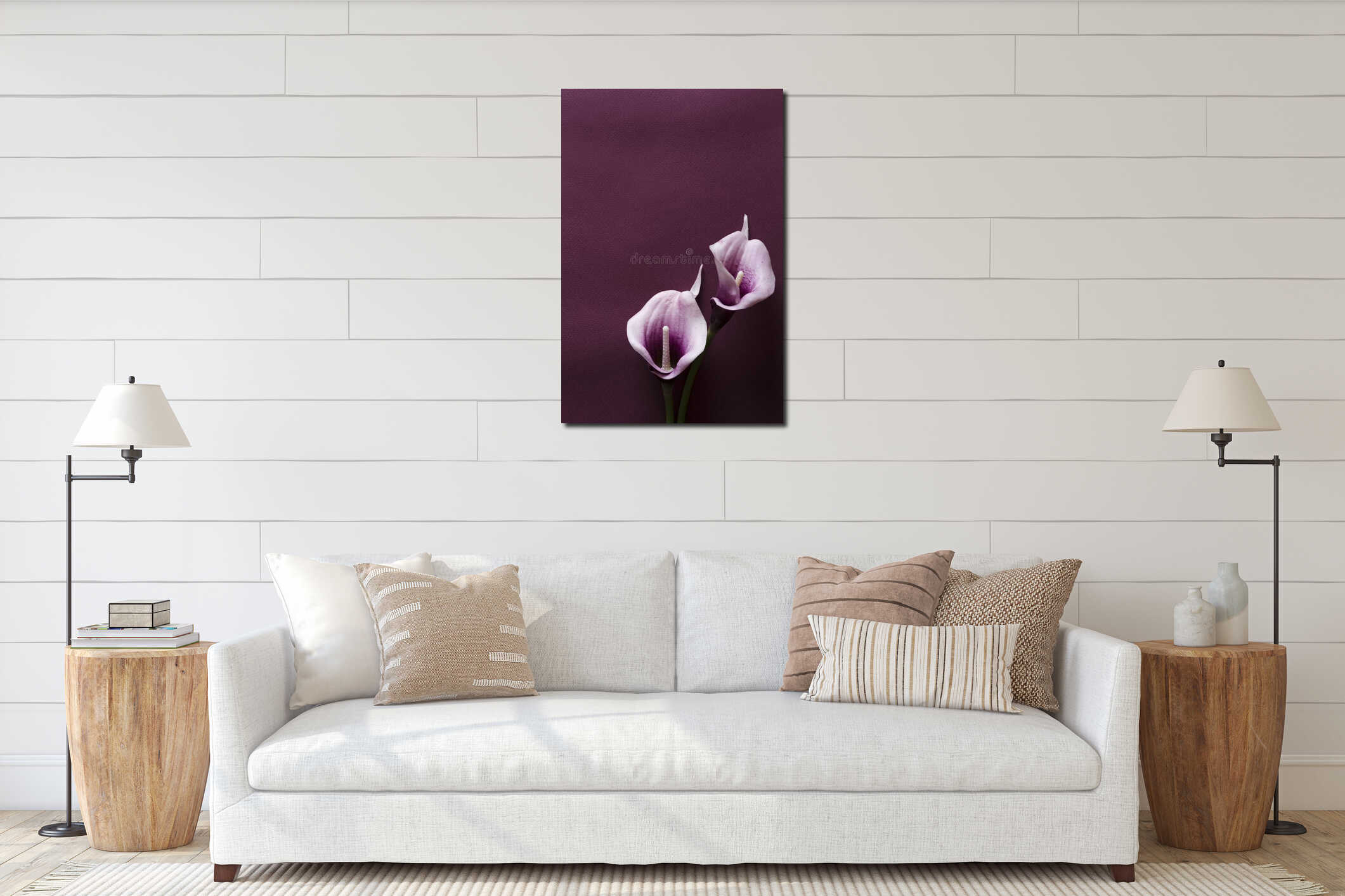 Vertical shot.Two purple callas on the dark violet surface interior mockup
