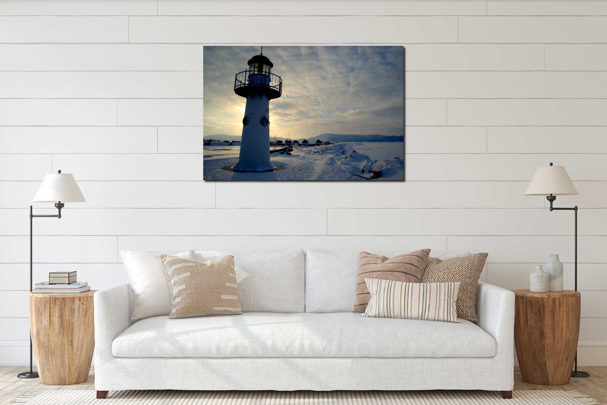 Silhouette of a lighthouse on the banks of the Volga River against the background of the Zhiguli Mountains. interior mockup