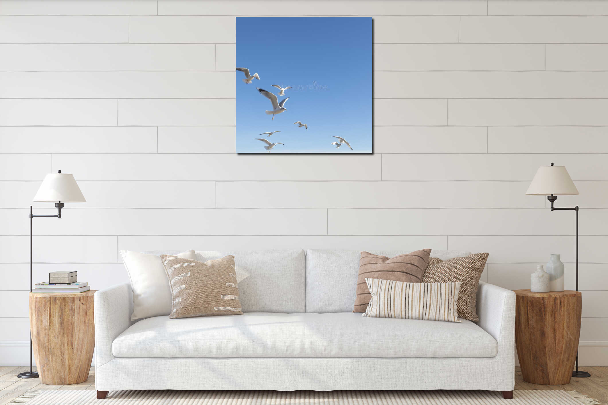 A flock of seagulls flying together in the sky interior mockup