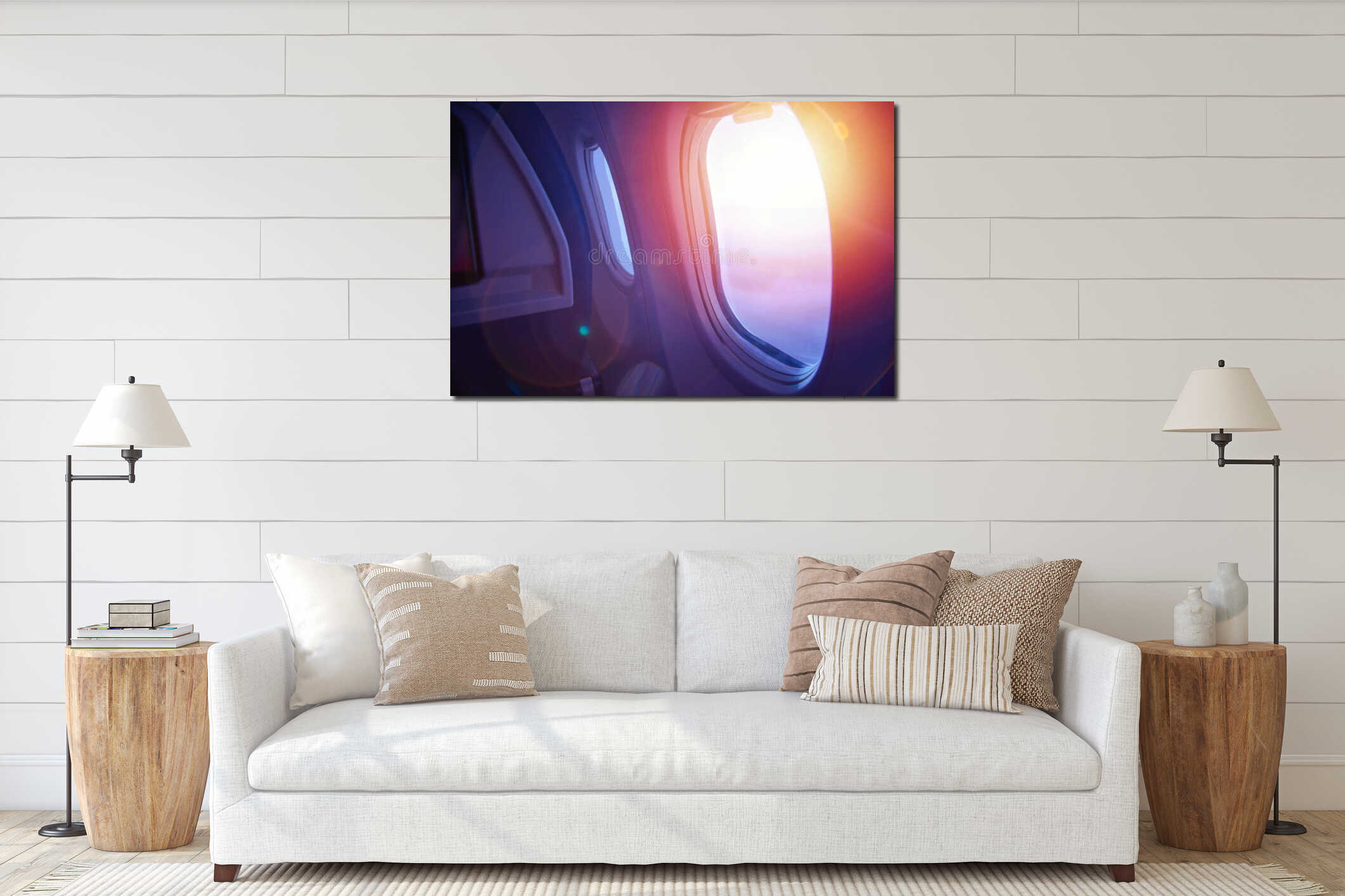 Travel concept. Sunset through an airplane window. Plane interior interior mockup