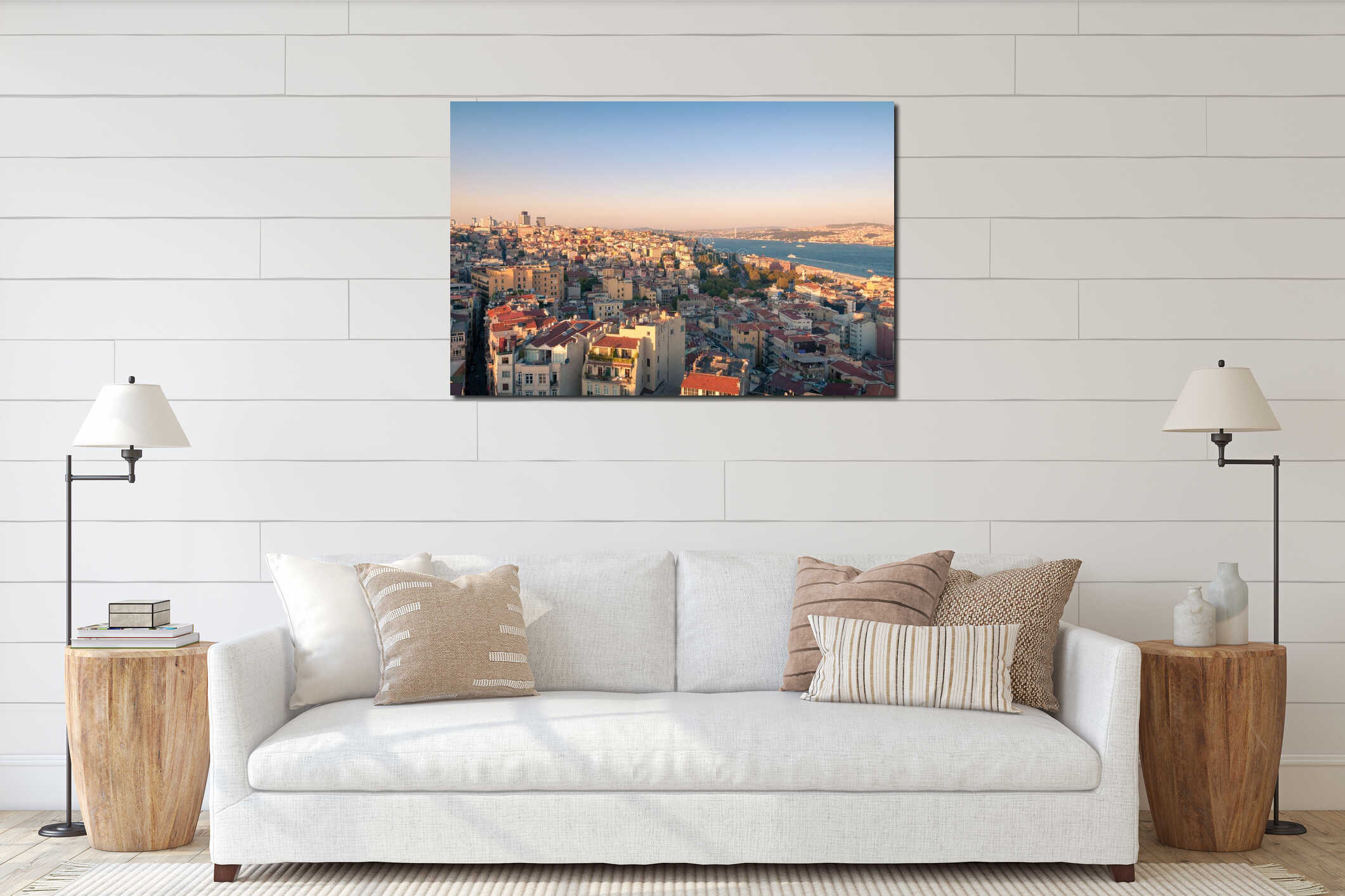 Istanbul aerial cityscape with Bosporus view at sunset interior mockup