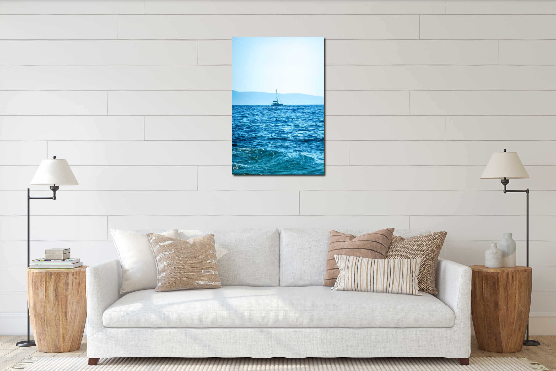 Yachting, Landscape Panorama with Yacht, Mountains background interior mockup