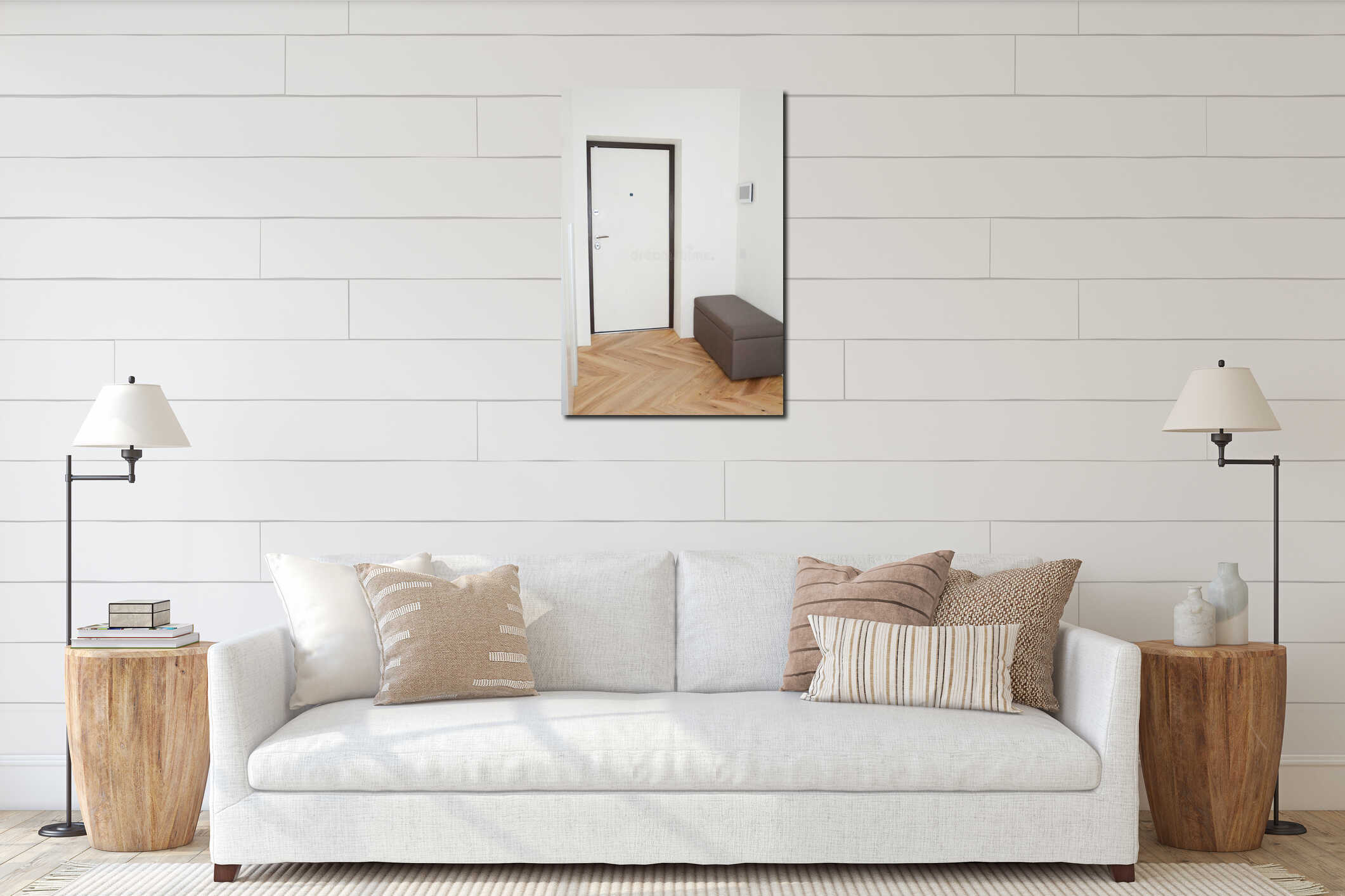 Modern house entrance metal door, corridor interior with  smart house system interior mockup