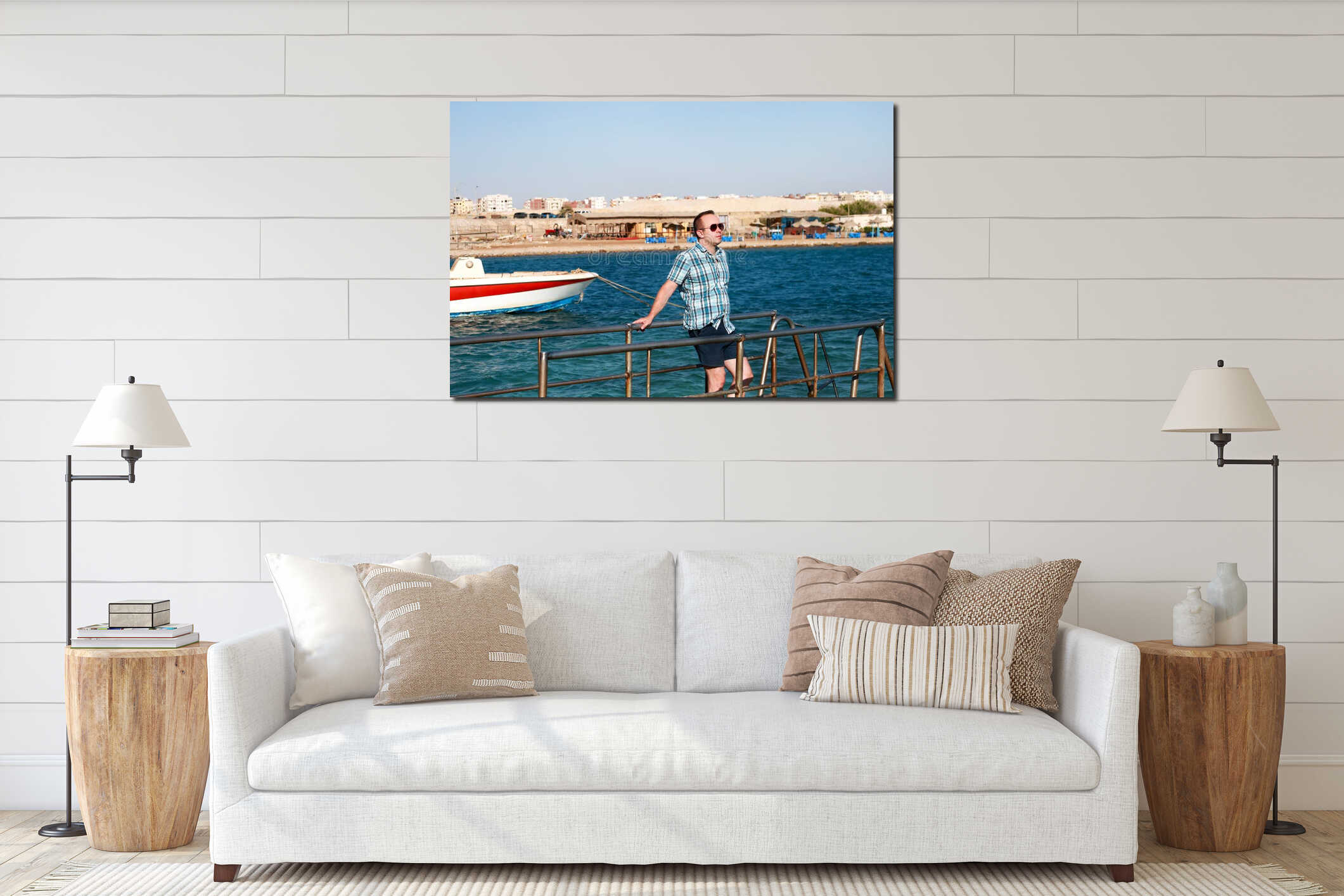 Portrait of tourist and traveler is posing and walking on beach pier, enjoys in sun and view of sea landscape. Man with sunglasses interior mockup