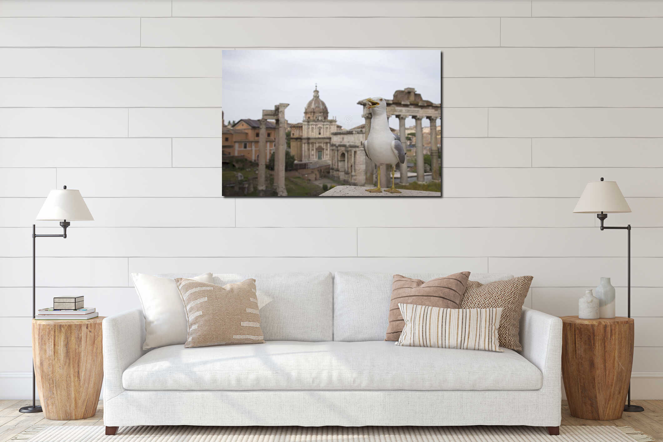 An adult yellow-legged gull photographed with a wide angle in front of the plaza of the Roman Forum. interior mockup