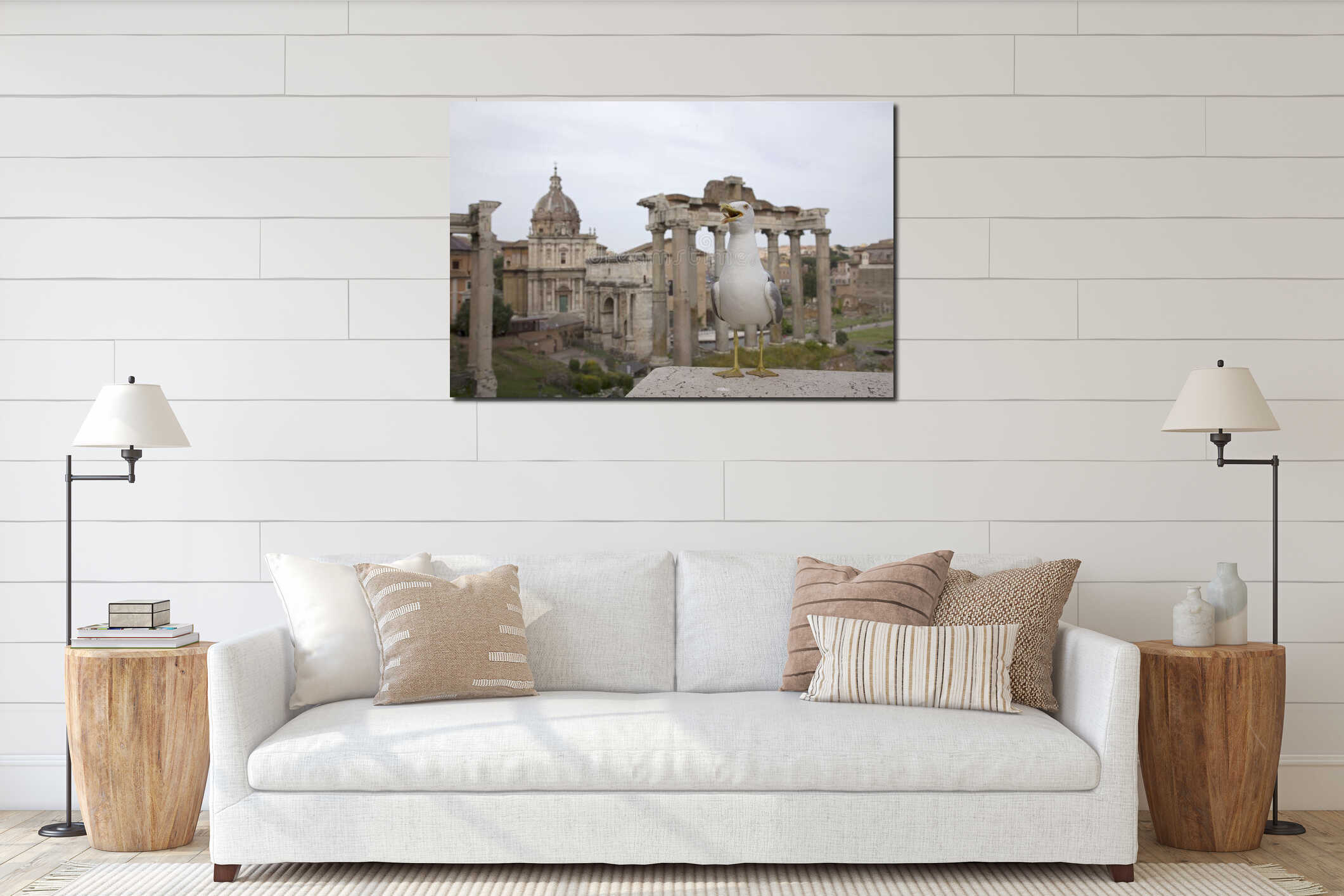 An adult yellow-legged gull photographed with a wide angle in front of the plaza of the Roman Forum. interior mockup