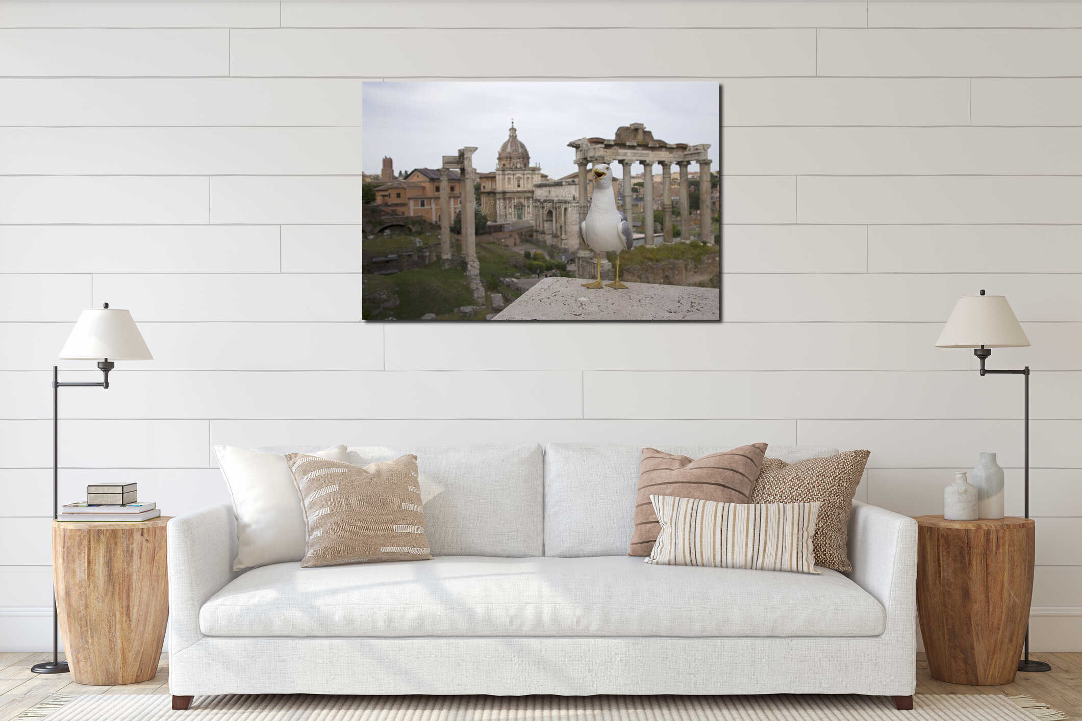 An adult yellow-legged gull photographed with a wide angle in front of the plaza of the Roman Forum. interior mockup