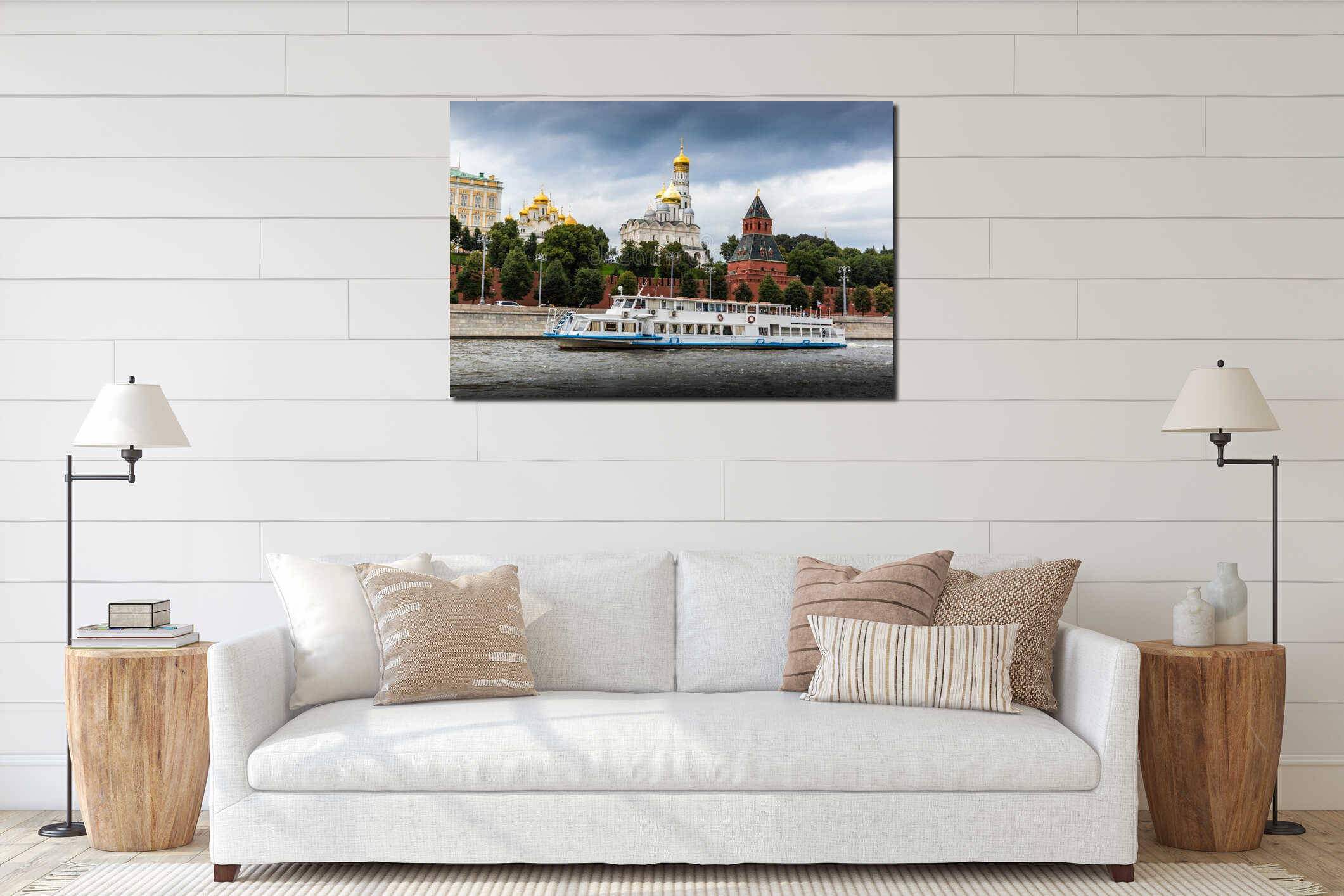 Tourist ships floating on the Moscow river against the background of the Moscow Kremlin. Summer day interior mockup