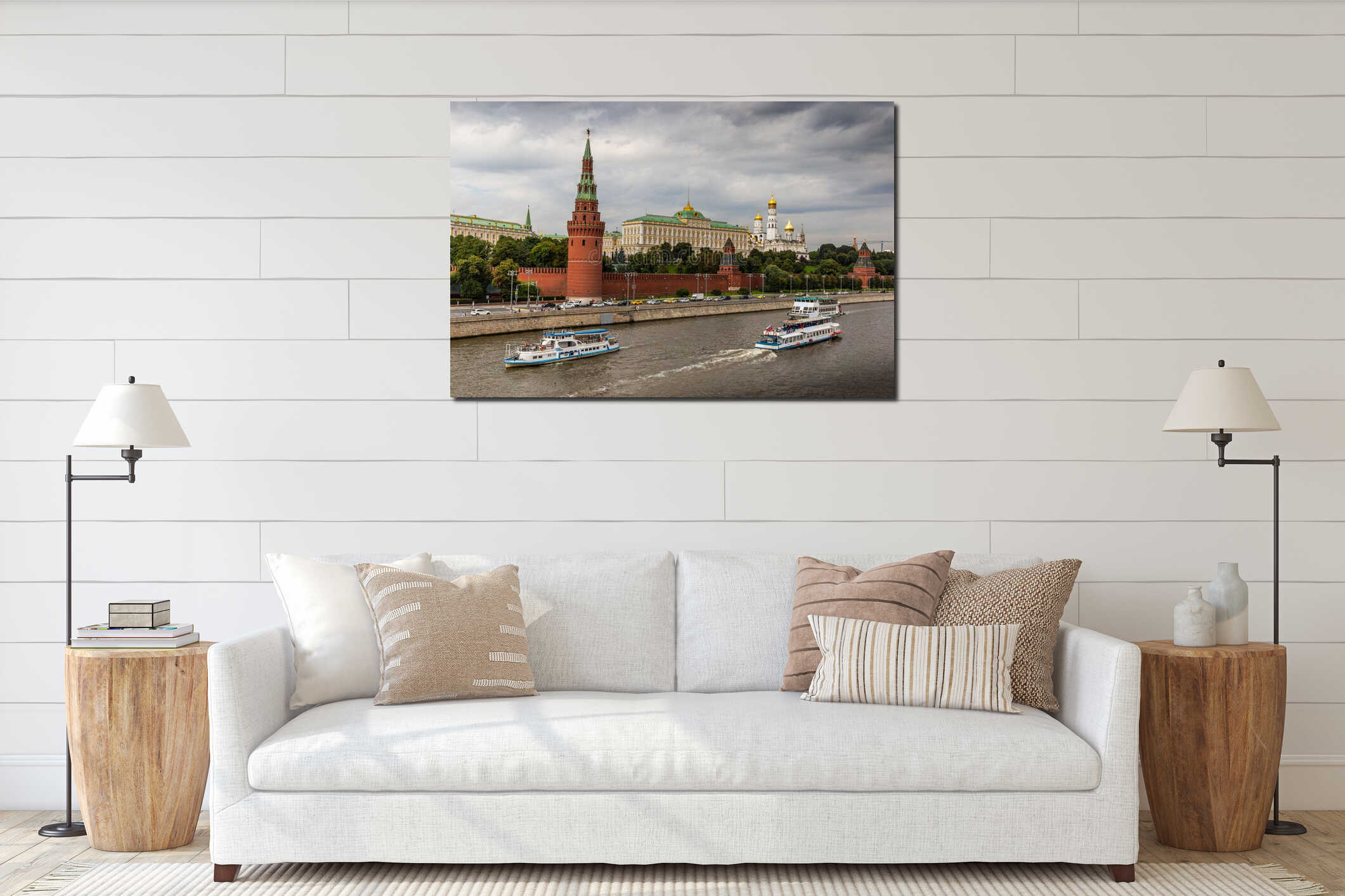 Tourist ships floating on the Moscow river against the background of the Moscow Kremlin. Summer day interior mockup