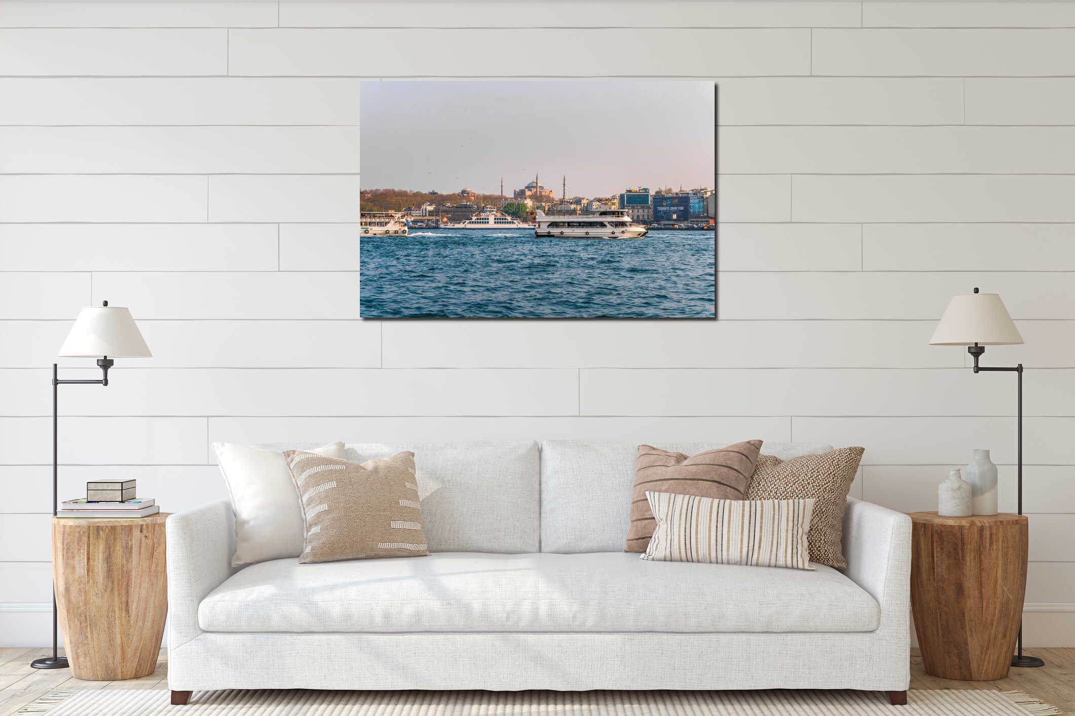April 17, 2019 : View of Istanbul cityscape Suleymaniye Mosque Hagia Sophia with floating tourist boats in Bosphorus ,Istanbul interior mockup