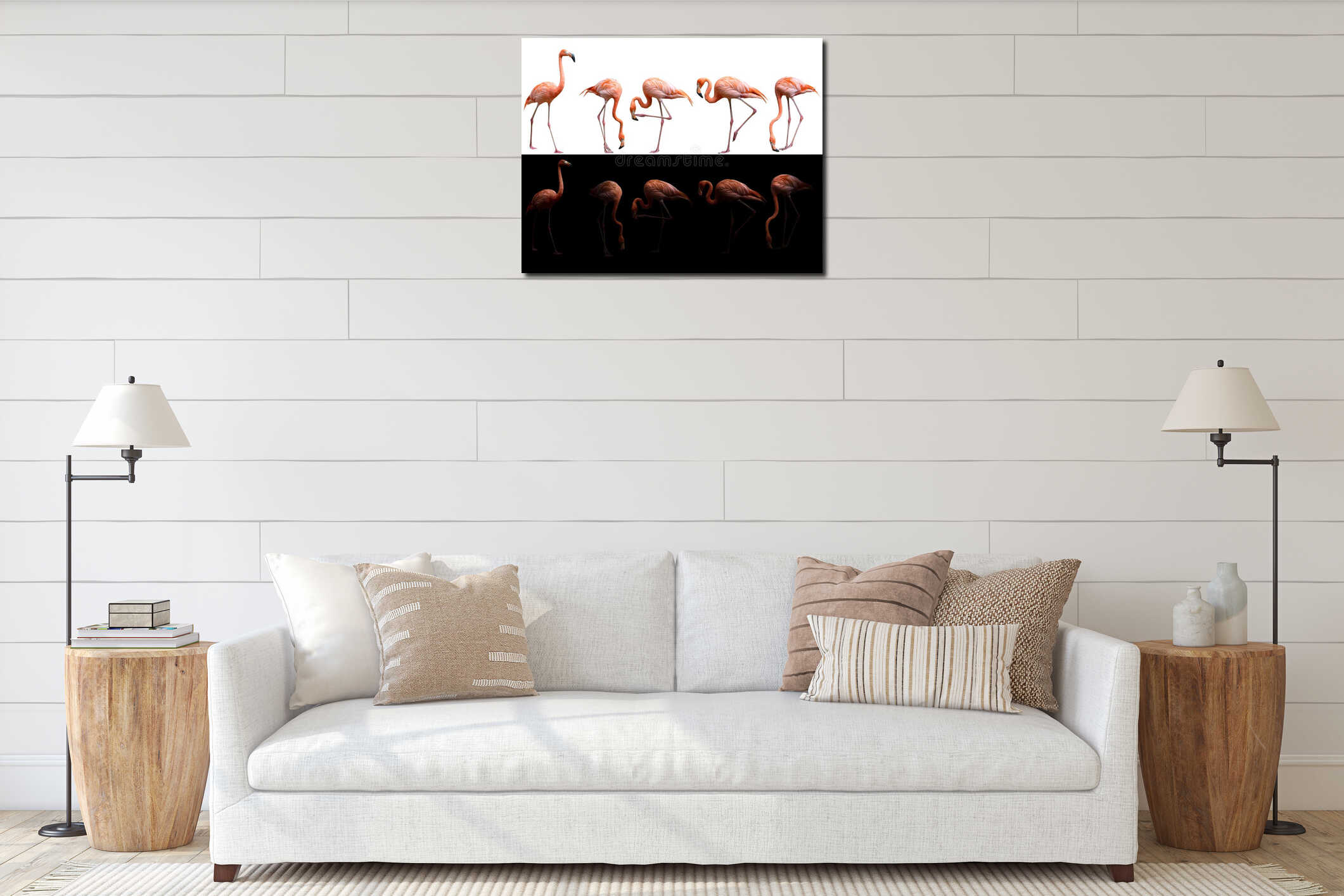 American flamingo bird on dark and white background interior mockup
