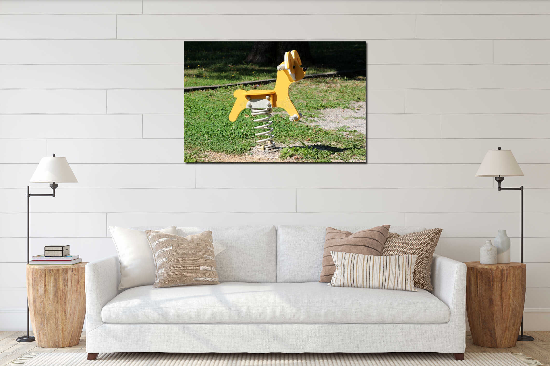 New vintage retro looking outdoor public playground equipment in shape of bright yellow and white cute dog spring rider swing interior mockup