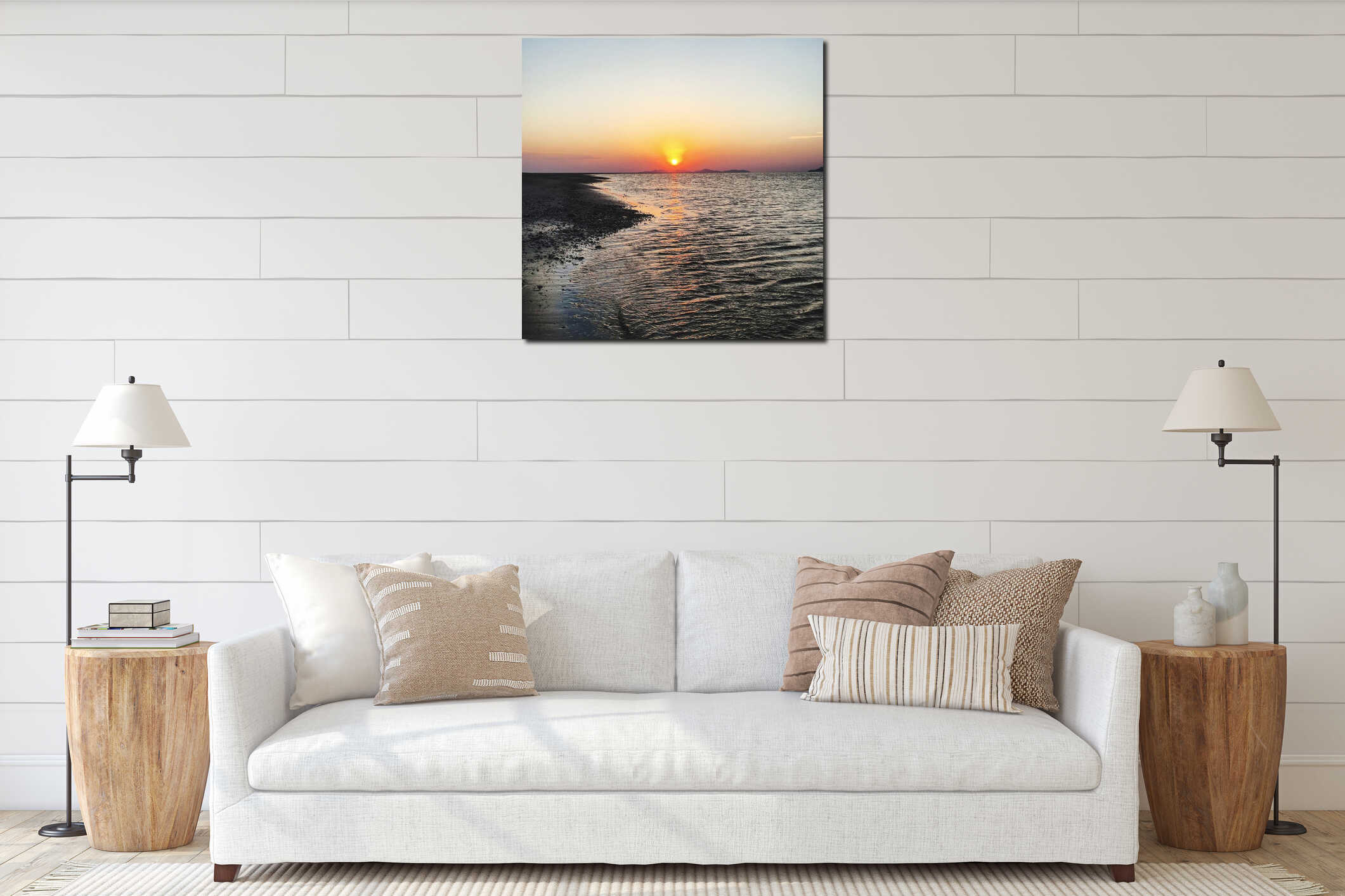 Scenic view of seashore against sunset sky interior mockup