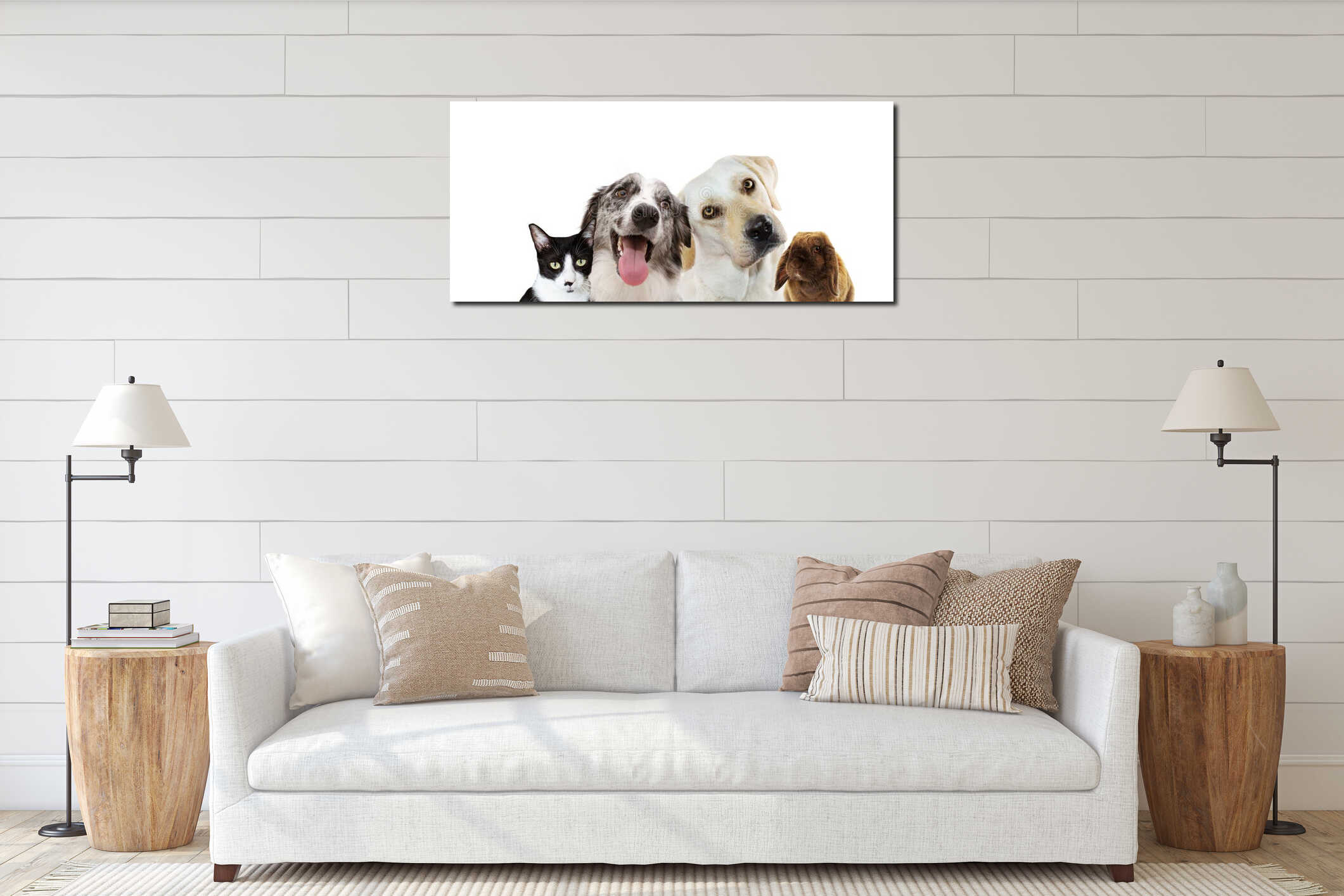 Banner four pets. Labrador retriever thinking and tinting head side, little cat, rabbit and happy border collie. Isolated on white interior mockup