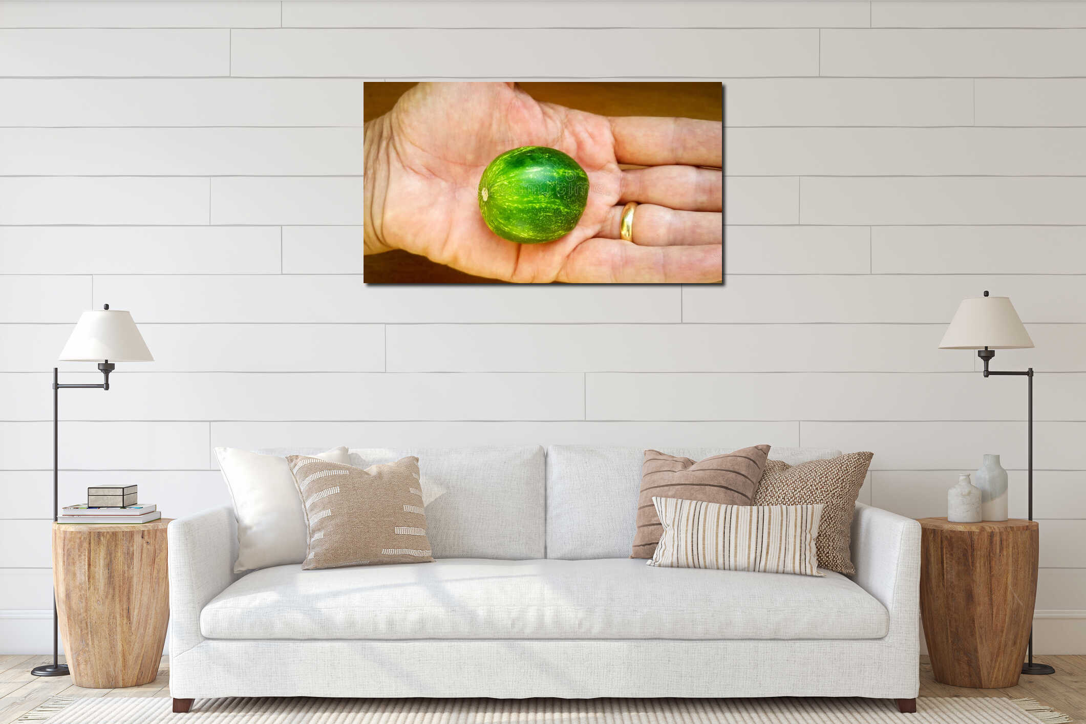 Tiny cucumber on the sleeves, but the cucumber is very similar to a small watermelon or planet Earth on the hands of man interior mockup