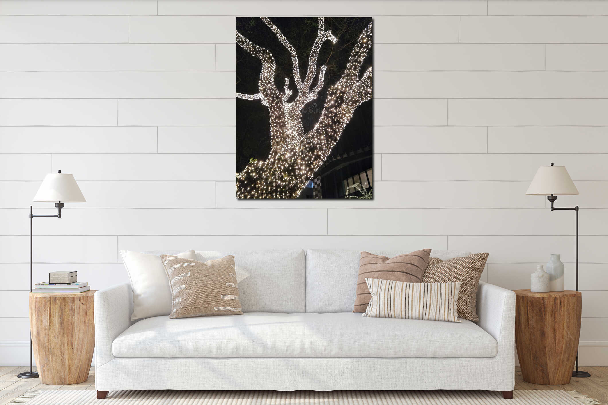 Tree glows in the middle of the night interior mockup