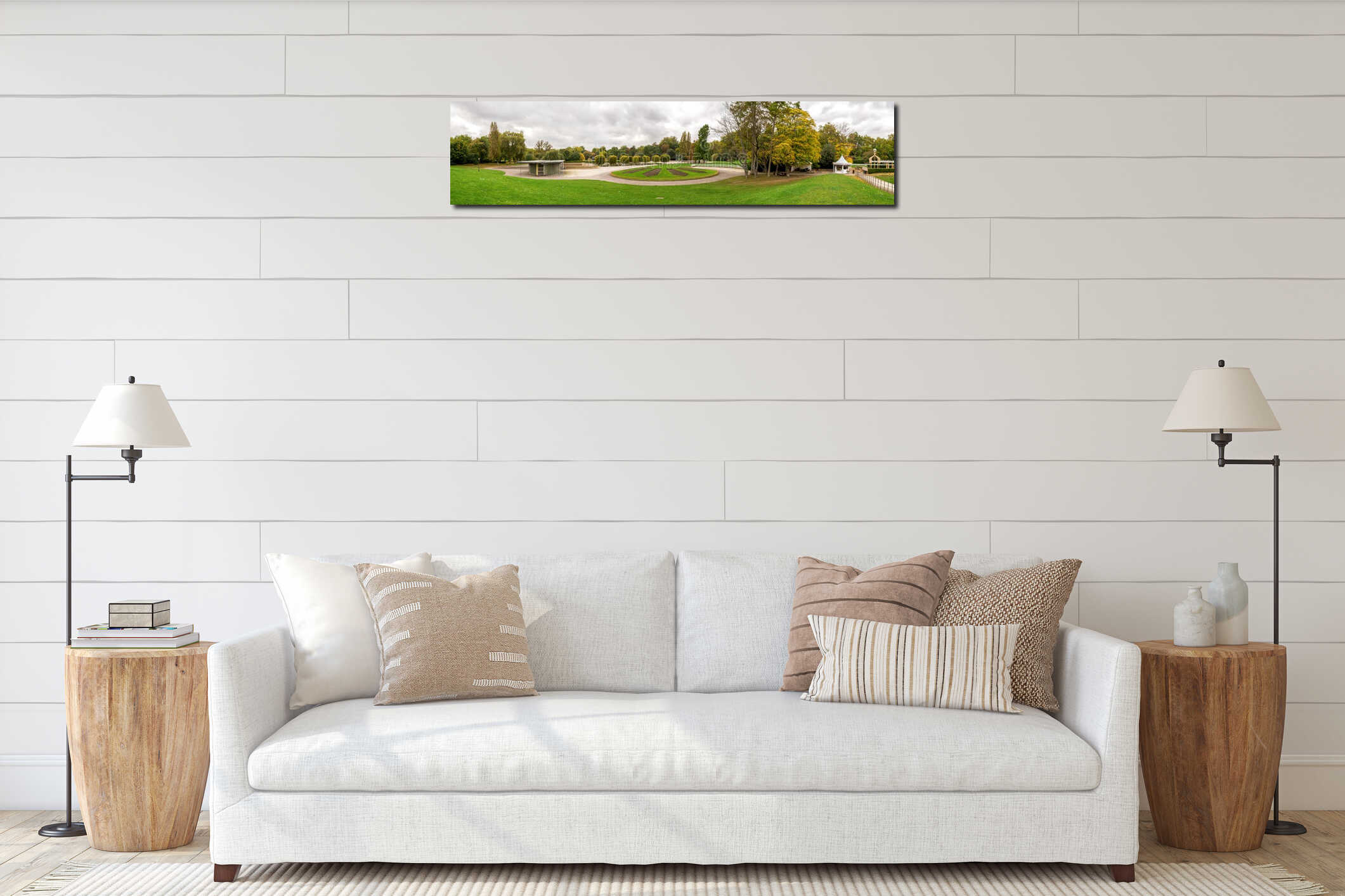 Panoramic view of Battersea Park near Tea Terrace kiosk and public toilets, London, England interior mockup