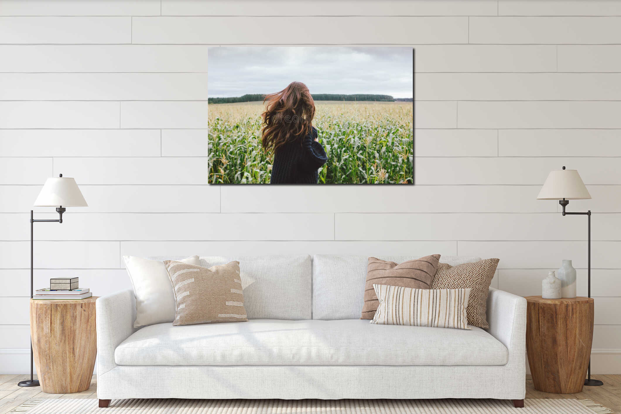 Beautiful carefree long hair asian girl in knitted sweater from behind in the autumn corn field. Sensitivity to nature concept interior mockup