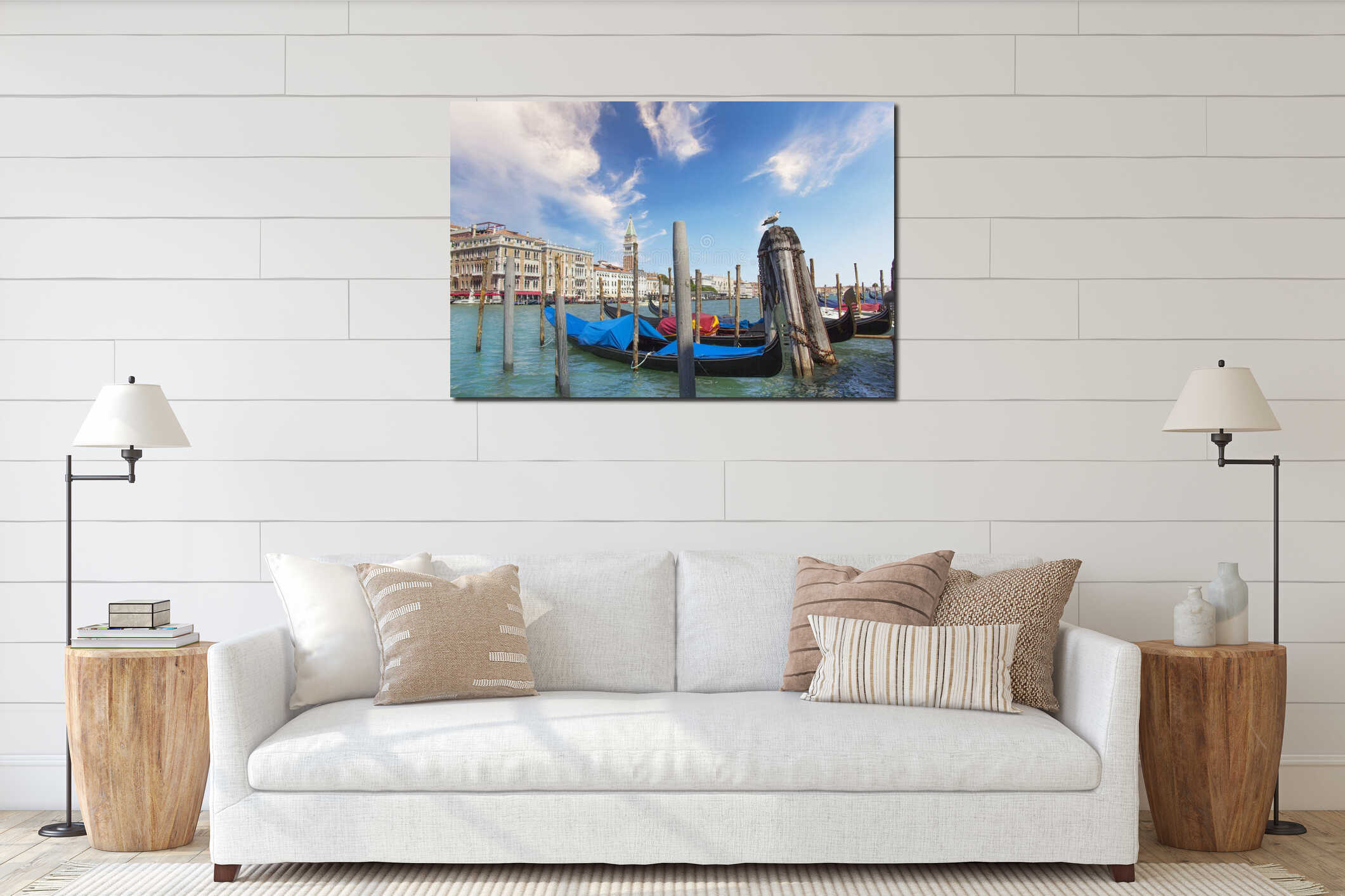Beautiful view of Campanile Campanile in Piazza San Marco and the Venetian lagoon in Venice, Italy interior mockup