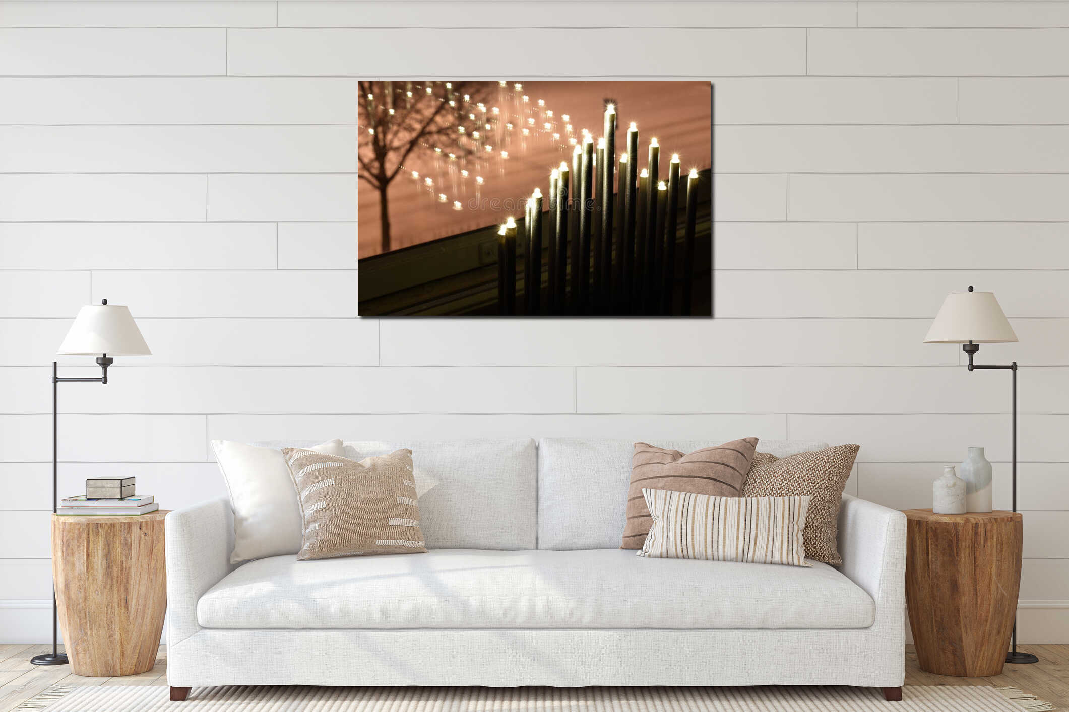 Electric candles by the clear glass window during Christmas season interior mockup