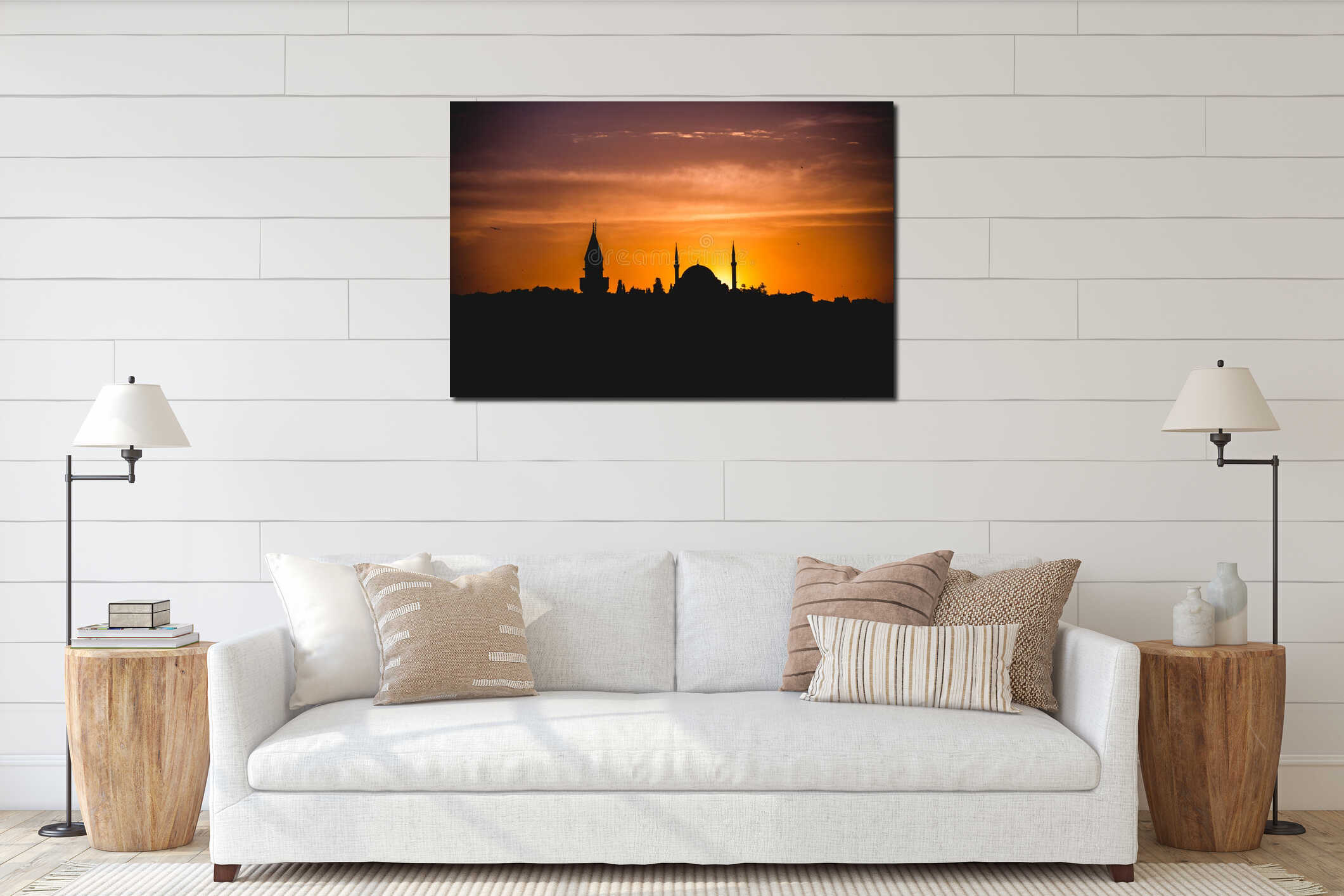Silhouette of Istanbul city with mosques at sunset interior mockup