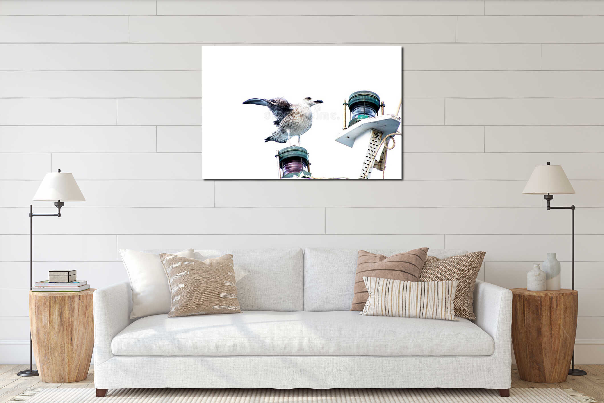 Seagull on top of a boat mast interior mockup