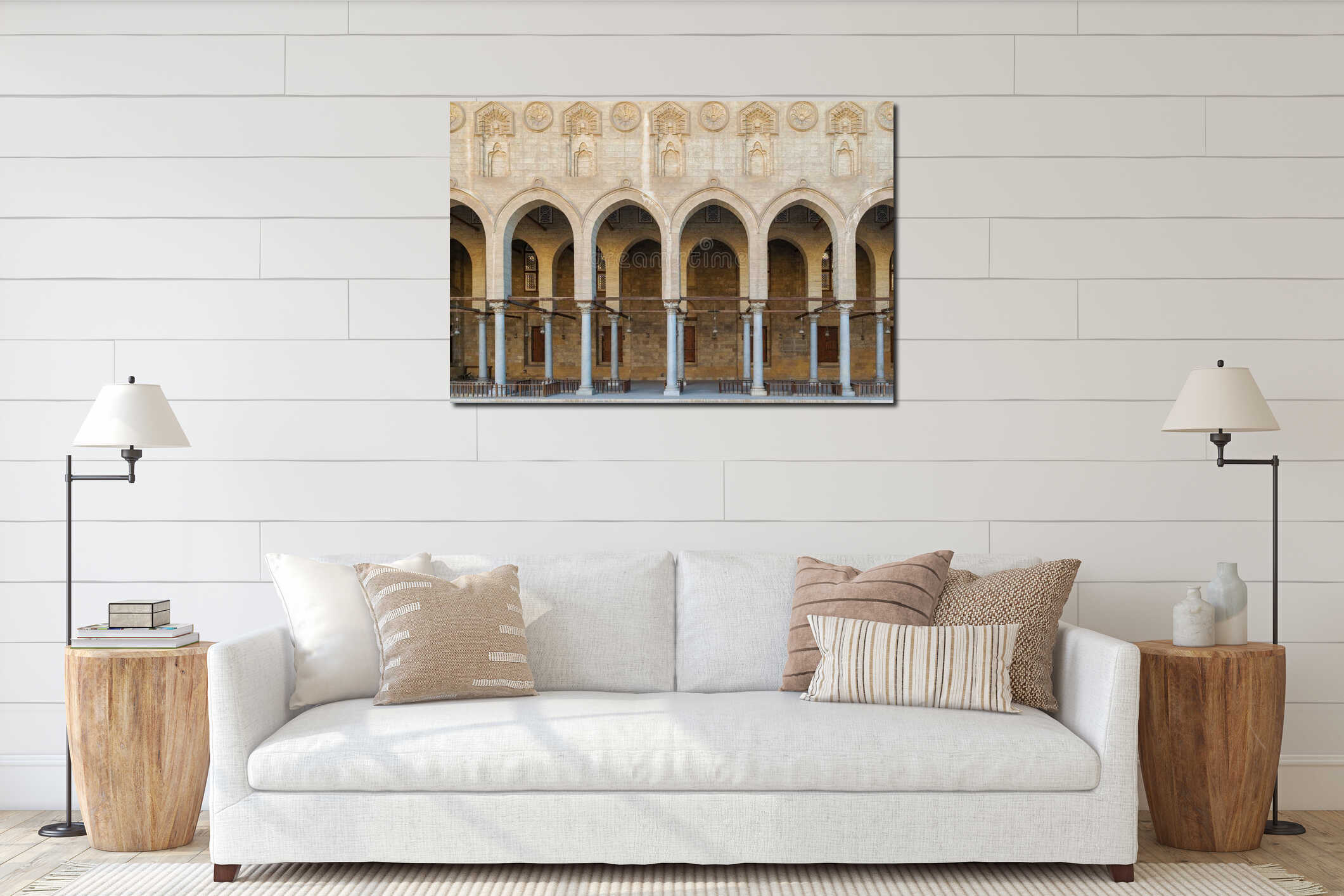 Arched corridor surrounding the courtyard of public historic Moaayad mosque, Cairo, Egypt interior mockup