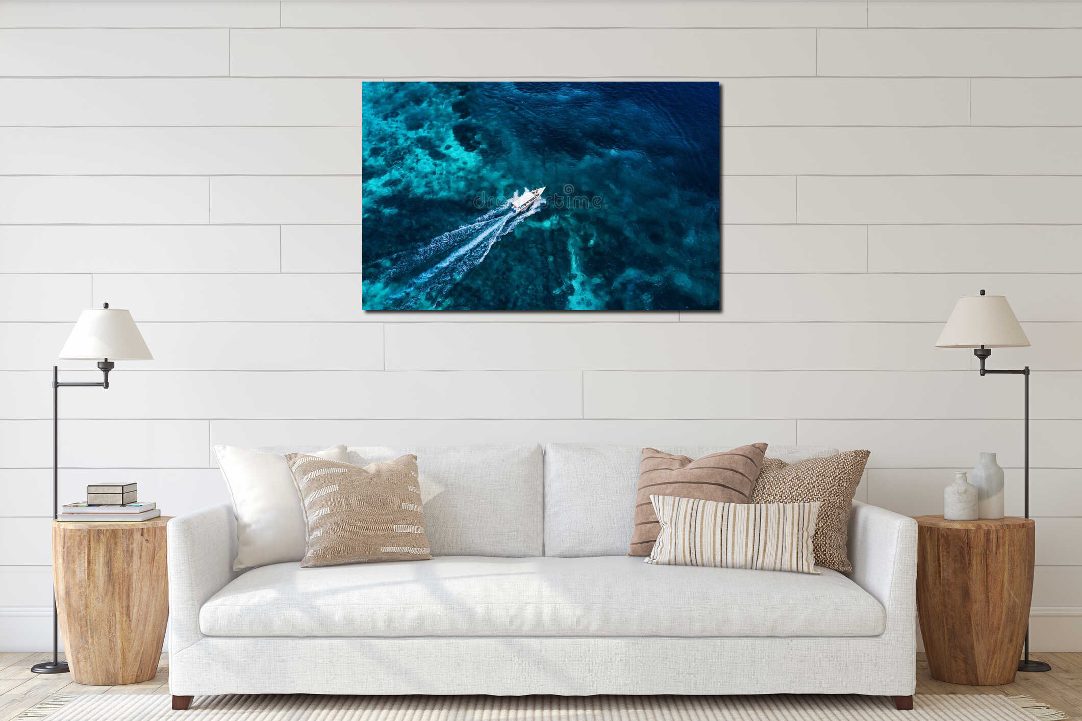 Fast boat at the sea in Bali, Indonesia. Aerial view of floating boat on transparent turquoise water at sunny day. Top view from d interior mockup