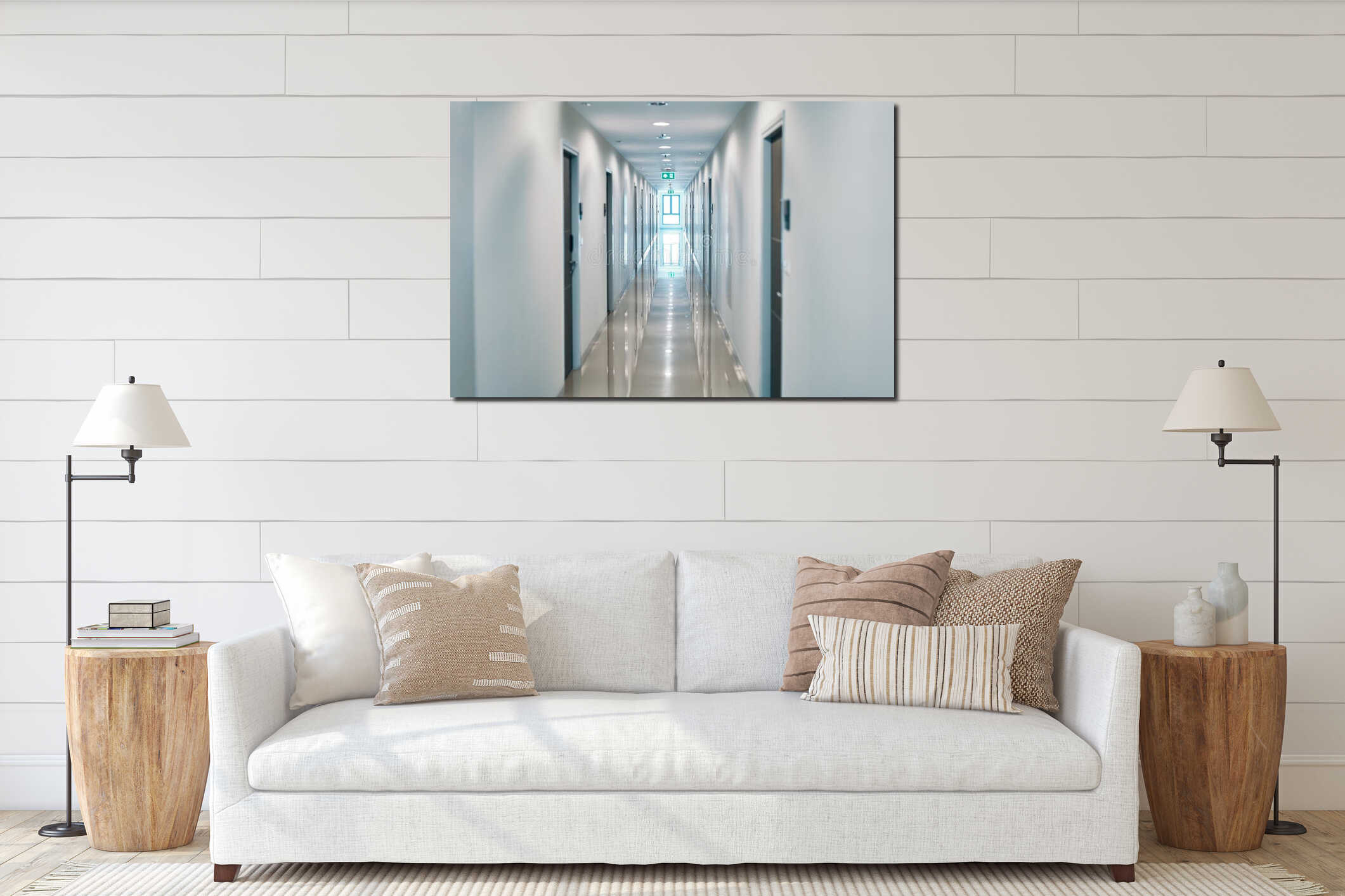 Long empty corridor in modern building interior mockup
