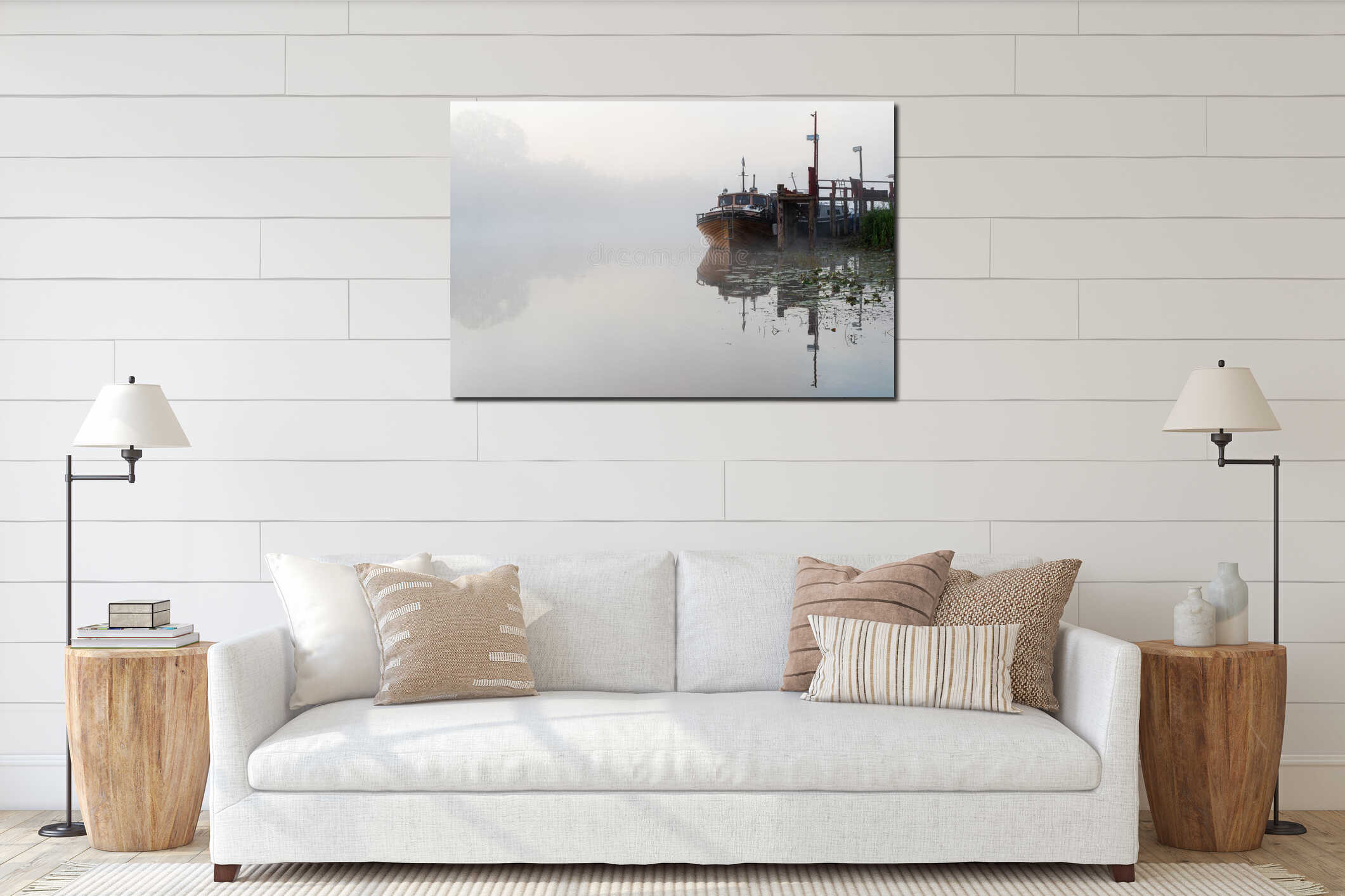 Motorboats by the pier on foggy river interior mockup