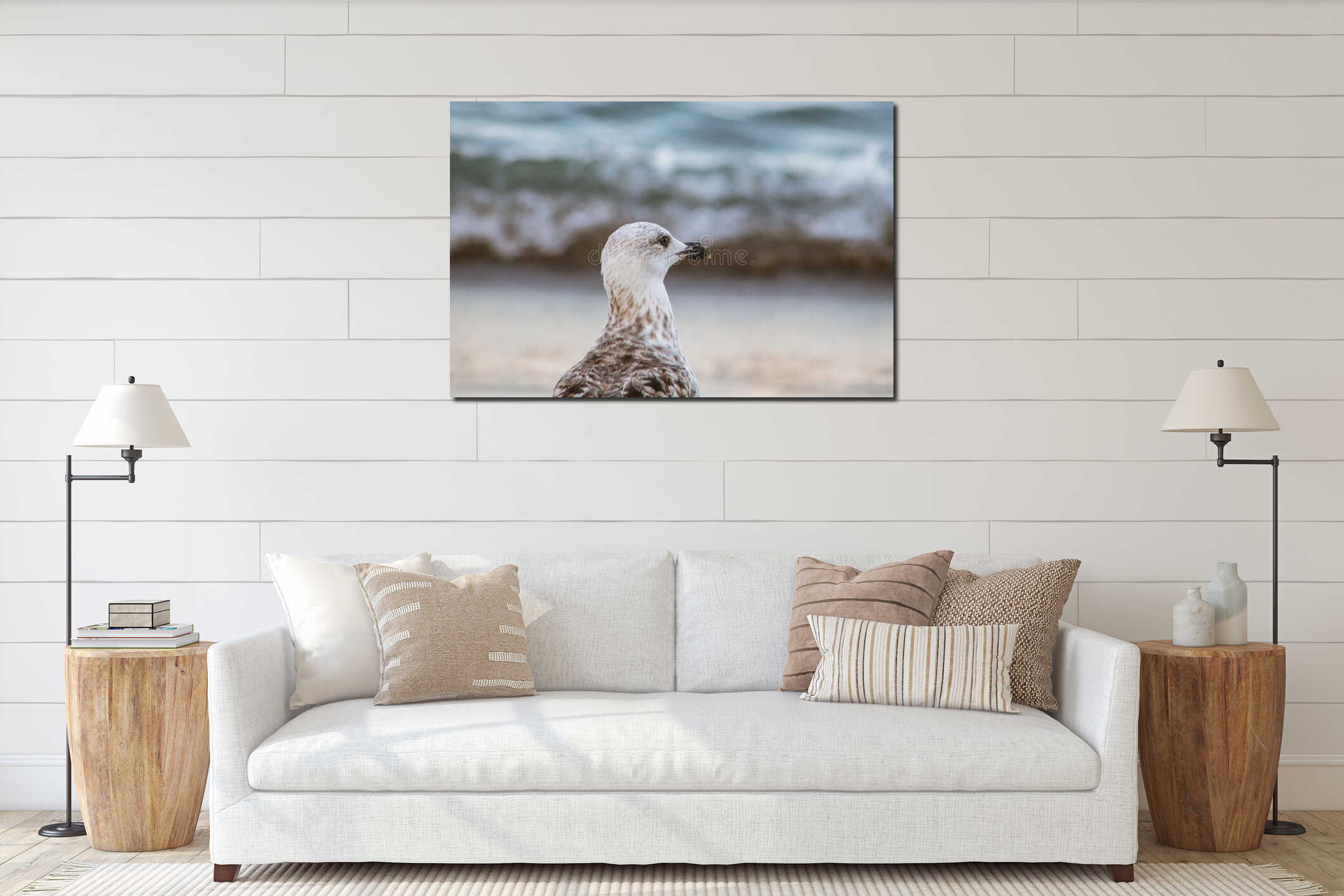 seagull looking towards the horizon and with the sea in the background interior mockup