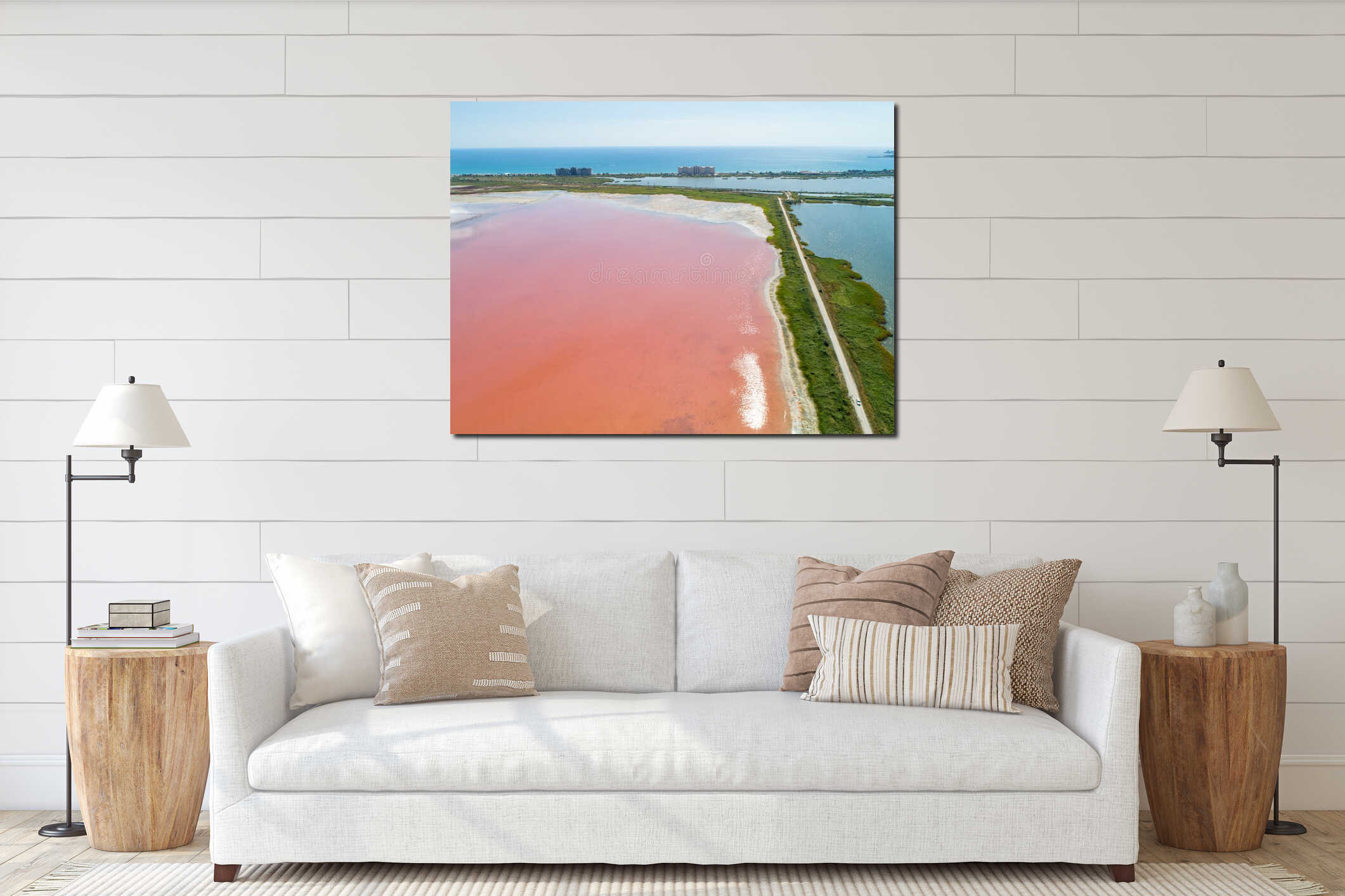 Pink lake Sasyk Sivash. The track and the Black Sea are visible in the background. Selective focus. Taken from the drone interior mockup