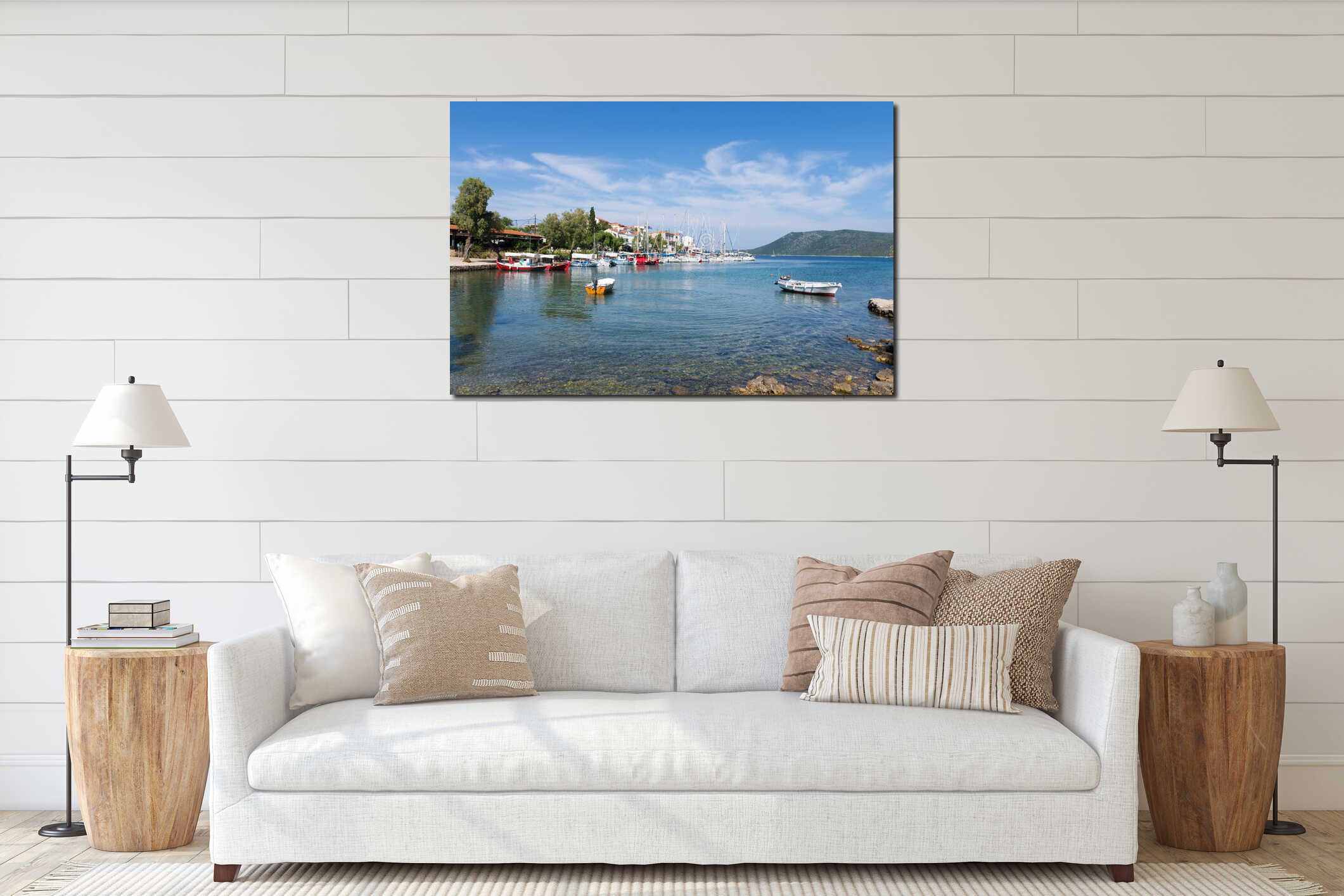 June 15th 2019 - Steni Vala, Alonissos island, Greece - View to the picturesque little harbor of Steni Vala village, Alonnisos isl interior mockup